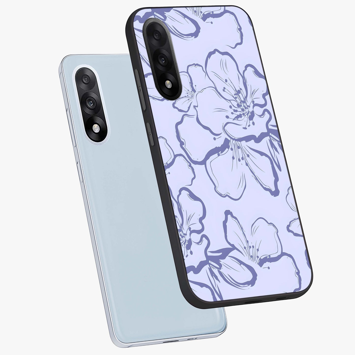 Violet Sketch Garden Glass Case for 1+Nord 5 angled mockup showcasing glossy finish and delicate line detailing