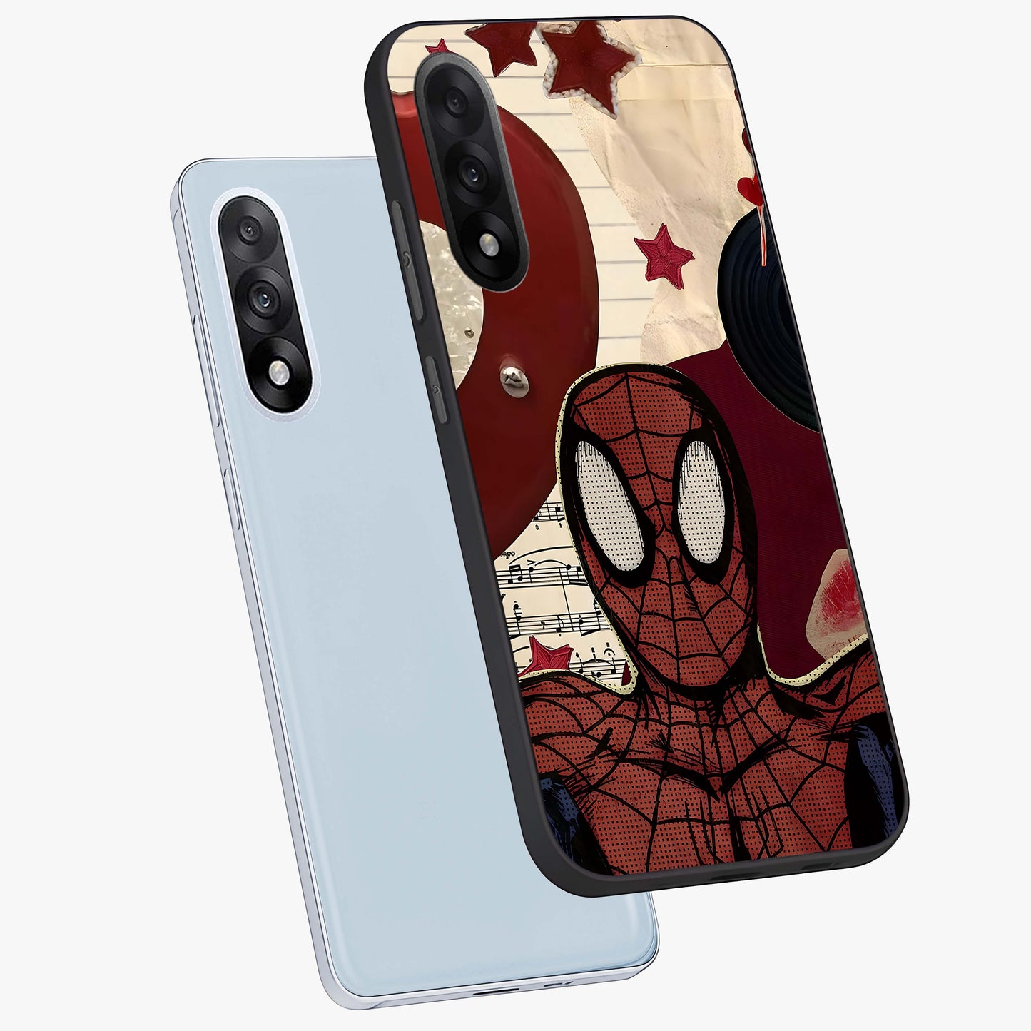 Web Warrior Vibes Glass Case for 1+Nord 5 angled mockup showcasing glossy finish and bold comic style detailing