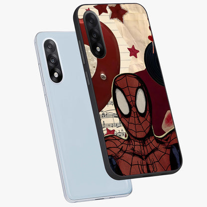 Web Warrior Vibes Glass Case for 1+Nord 5 angled mockup showcasing glossy finish and bold comic style detailing