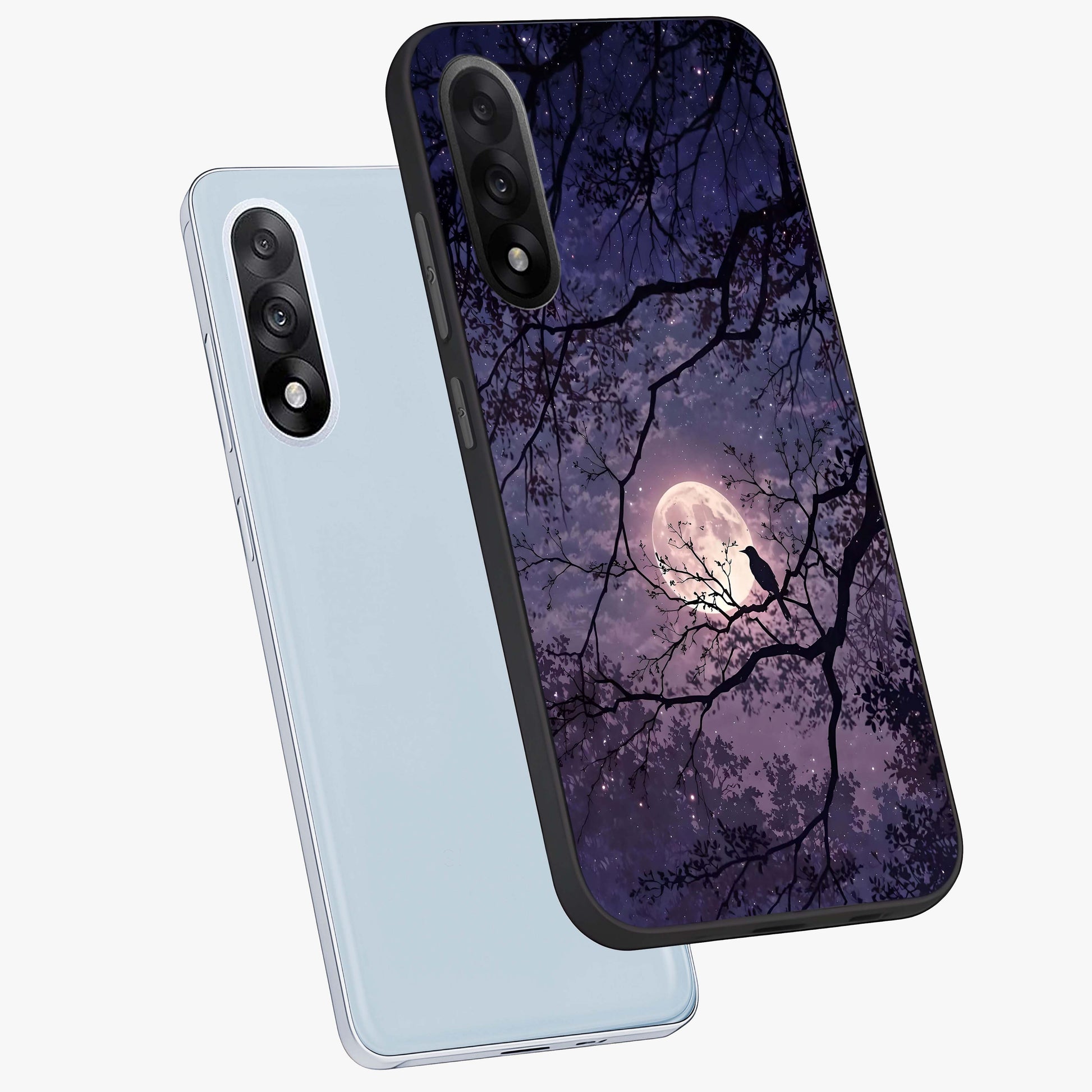 Whispering Moon Silence Glass Case for 1+Nord 5 angled mockup showcasing glossy finish and subtle celestial detailing