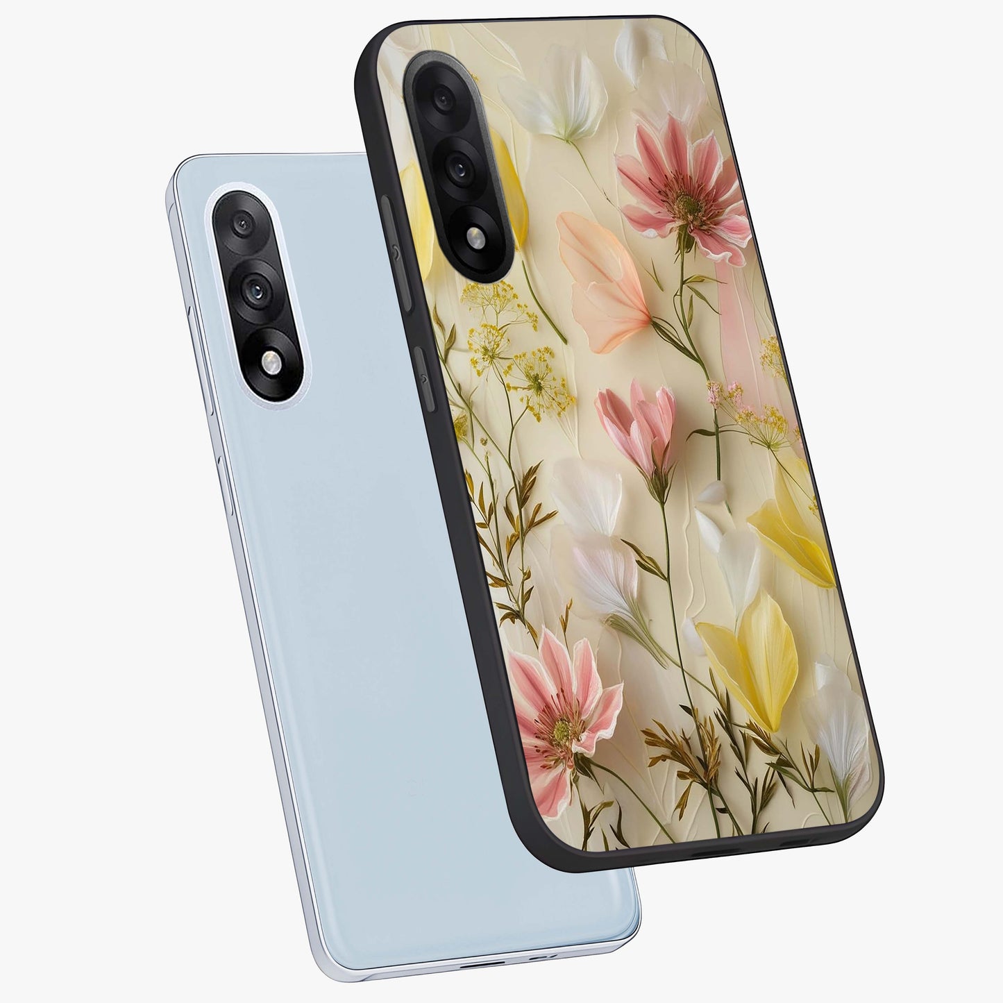 Whispering Petal Harmony Glass Case for 1+Nord 5 angled mockup showcasing glossy finish and delicate bloom detailing