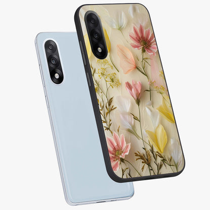Whispering Petal Harmony Glass Case for 1+Nord 5 angled mockup showcasing glossy finish and delicate bloom detailing