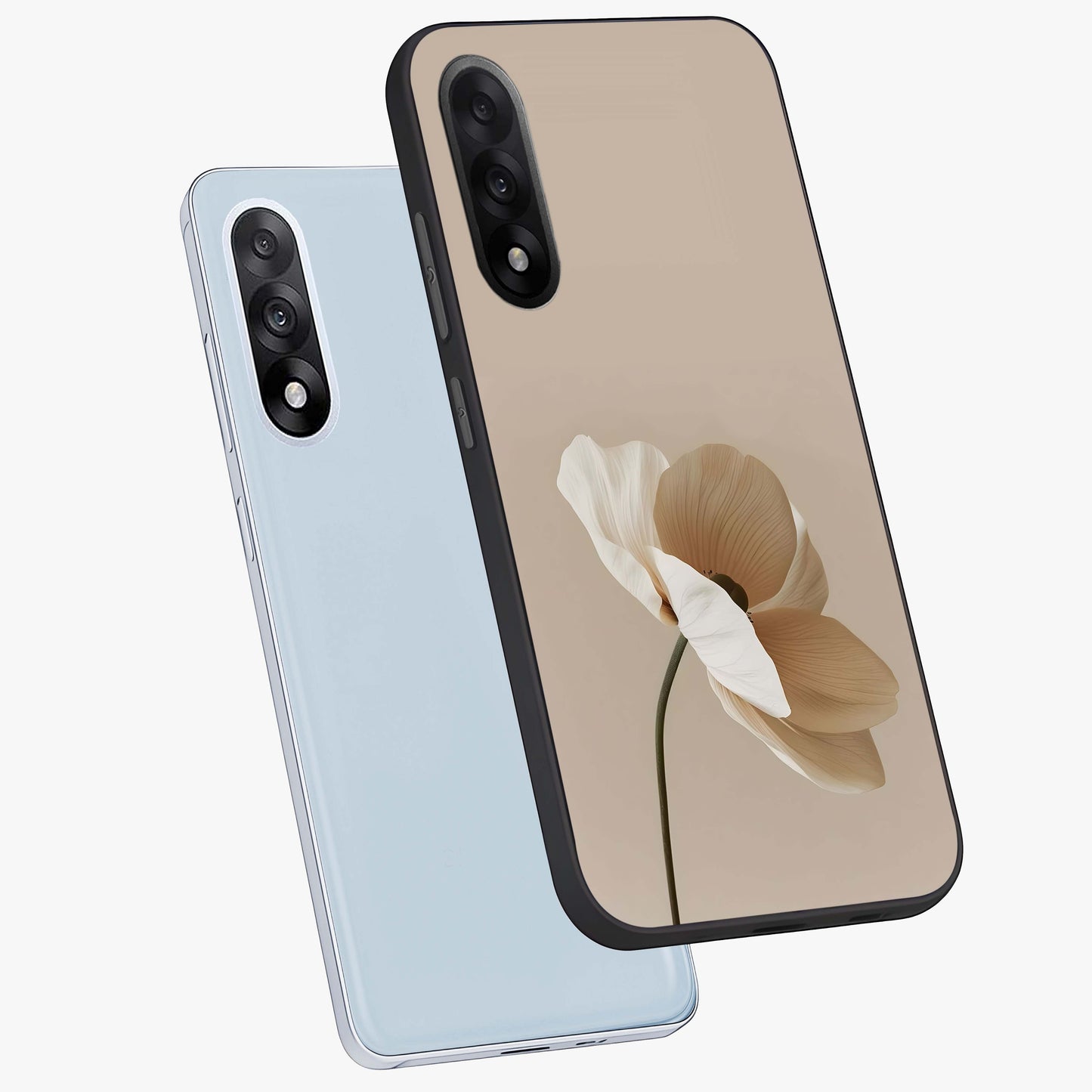 Whispering Petals Glass Case for 1+Nord 5 angled mockup showcasing glossy finish and muted romantic tones