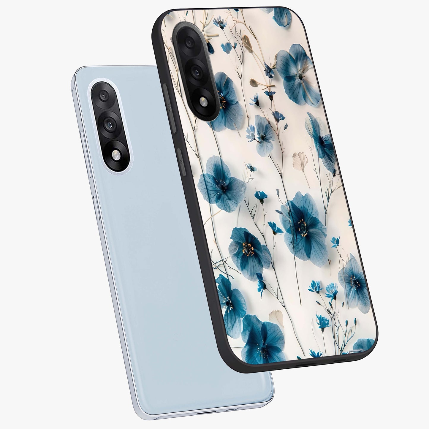 Whispers of Blue Bloom Glass Case for 1+Nord 5 angled mockup showcasing glossy finish and cool sapphire tones