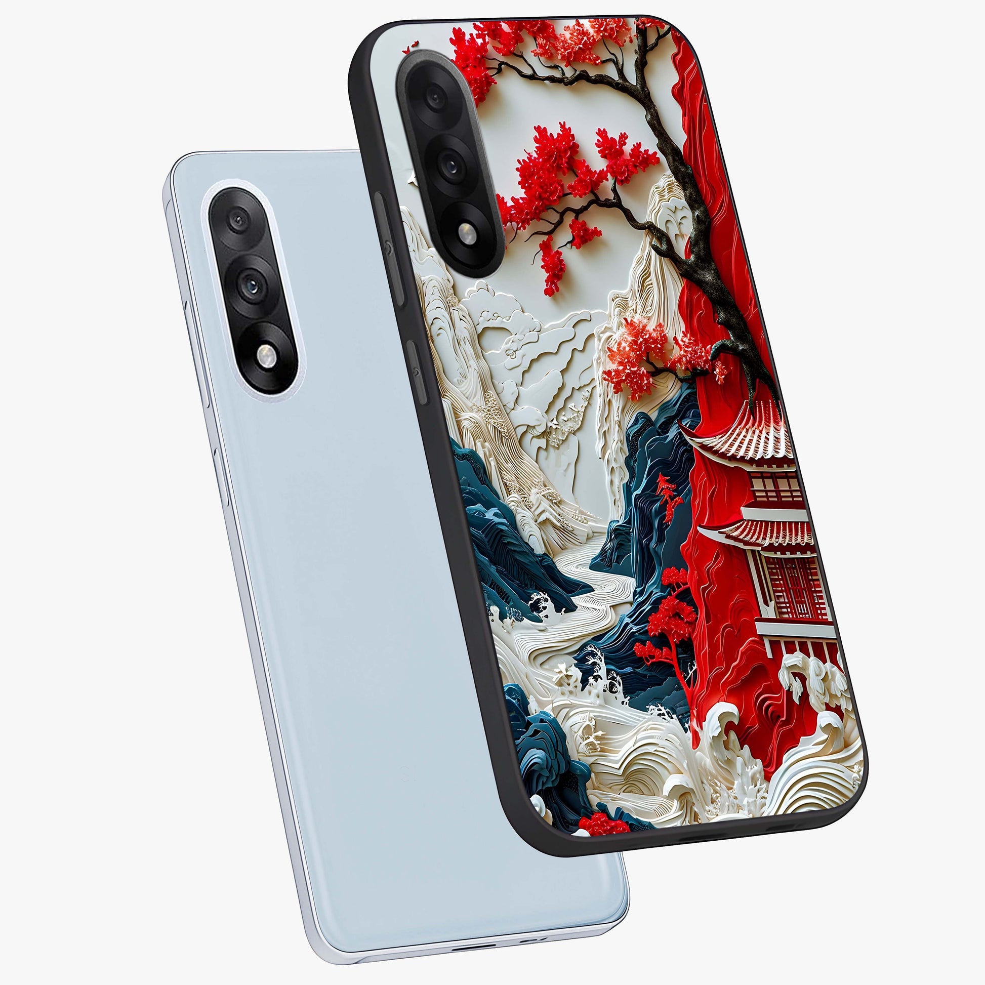 Whispers of Sakura Waves Glass Case for 1+Nord 5 angled mockup showcasing glossy finish and soft pink gradients