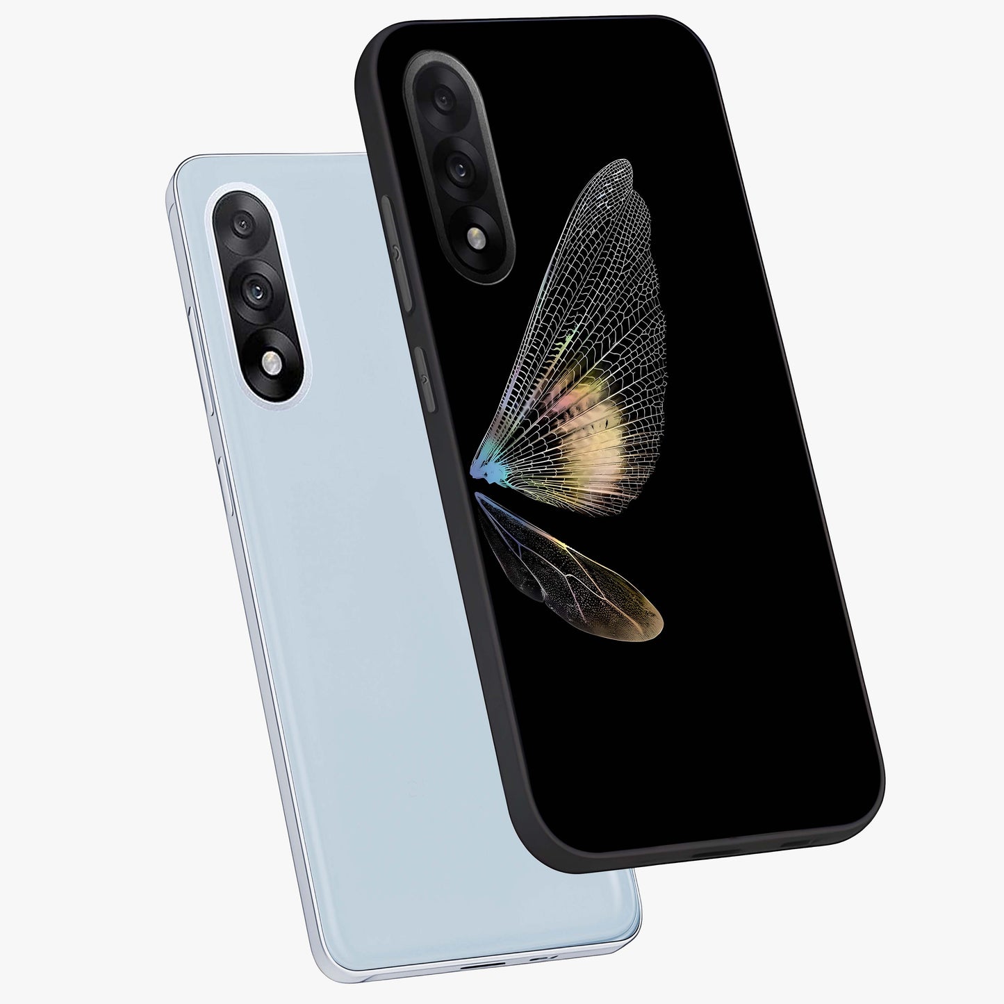 Whispers of Wings Glass Case for 1+Nord 5 angled mockup showcasing glossy finish and soft gradient detailing