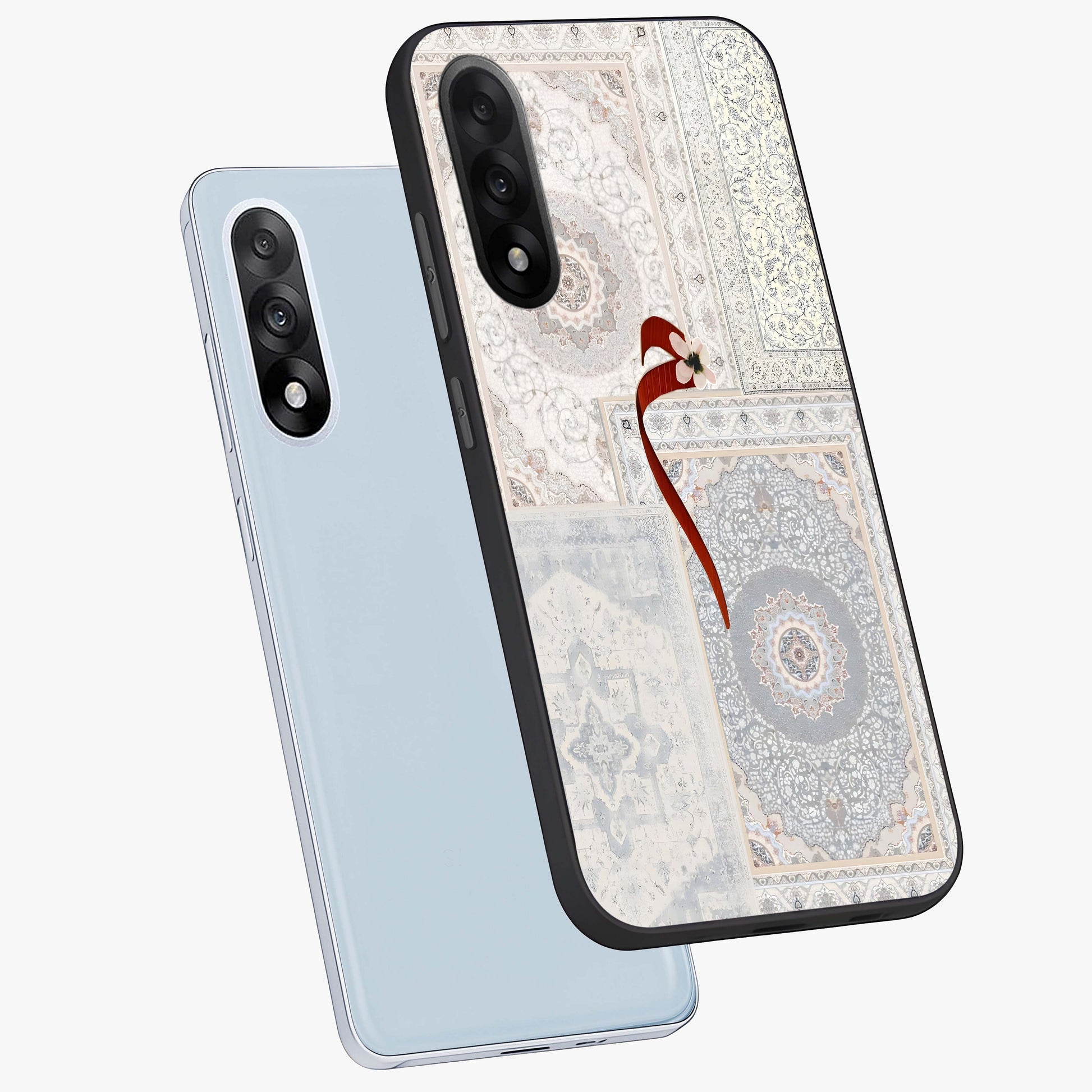 White Aesthetic Bow Glass Case for 1+Nord 5 angled mockup showcasing glossy finish and elegant pastel detailing