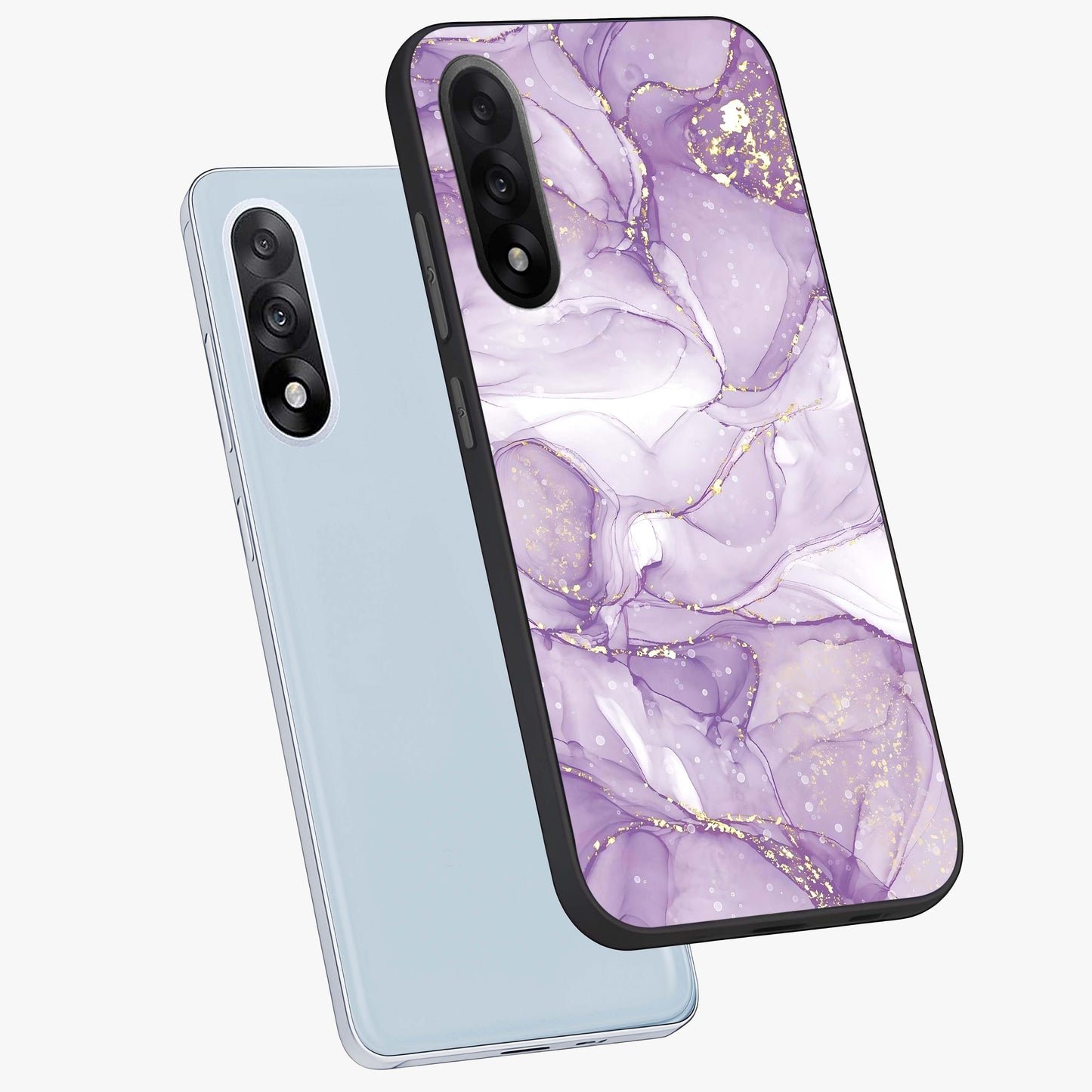 White and Purple Marble Glass Case for 1+Nord 5 angled mockup showcasing glossy finish and refined stone detailing