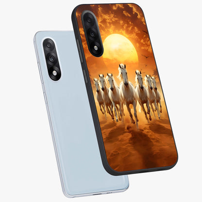 Wild Sunset Majesty Glass Case for 1+Nord 5 angled mockup showcasing glossy finish and warm fiery gradients