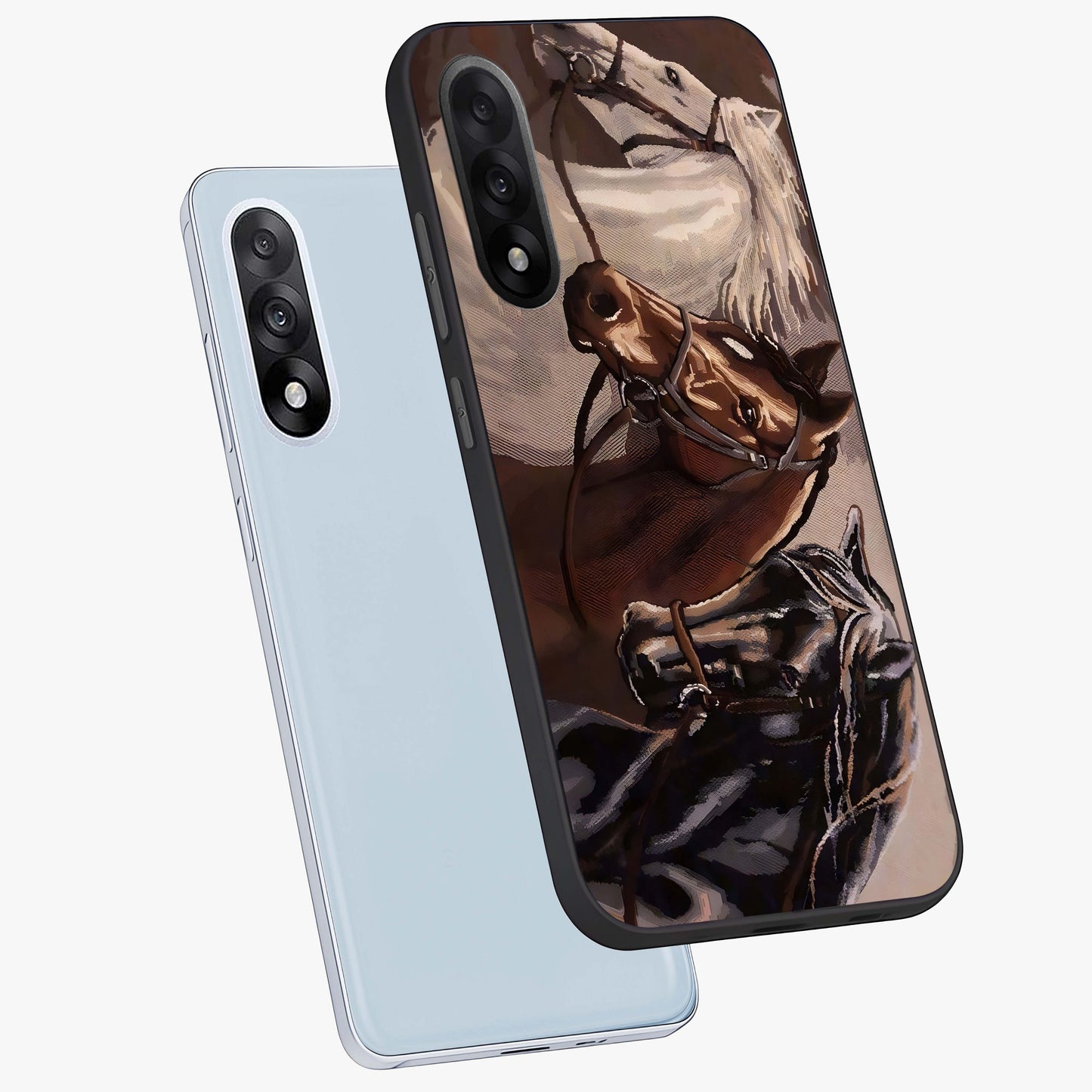 Wild Trio Gallop Glass Case for 1+Nord 5 angled mockup showcasing glossy glass finish and bold equestrian detailing
