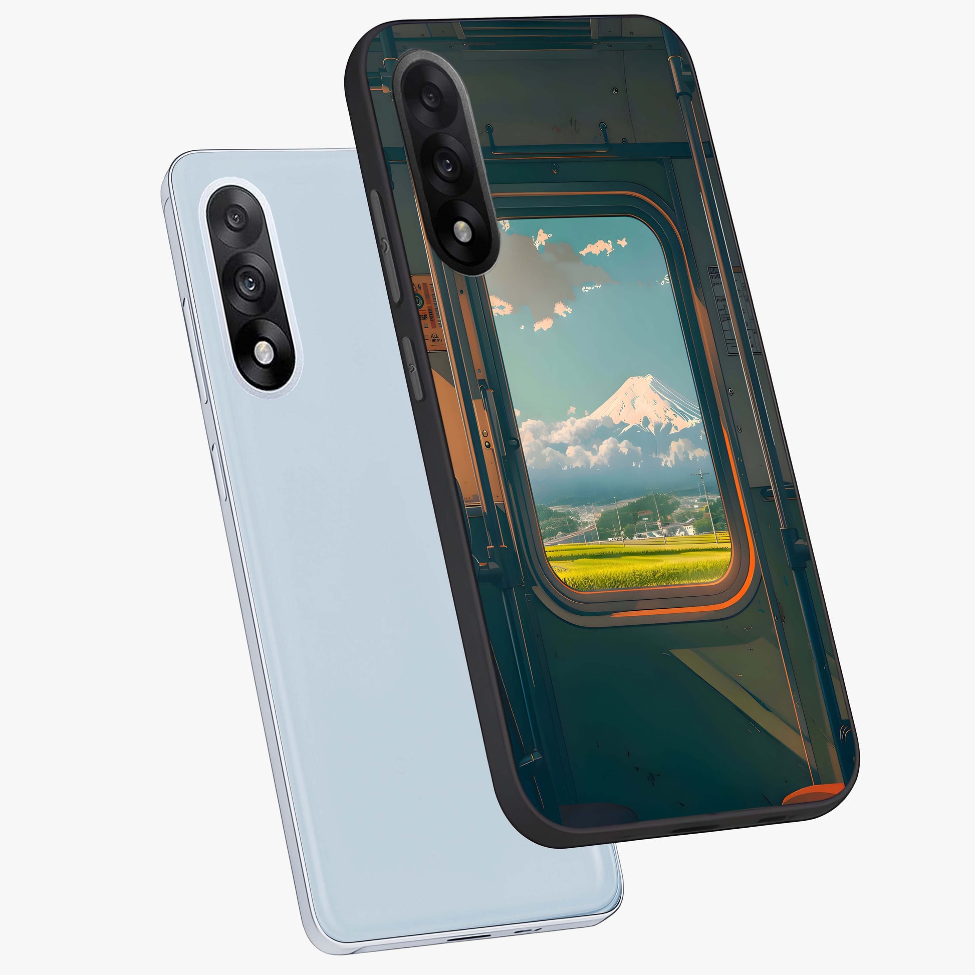 Window to Fuji Glass Case for 1+Nord 5 angled mockup showcasing glossy finish and serene landscape tones