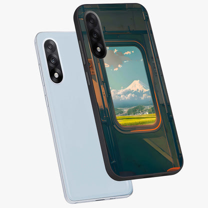 Window to Fuji Glass Case for 1+Nord 5 angled mockup showcasing glossy finish and serene landscape tones