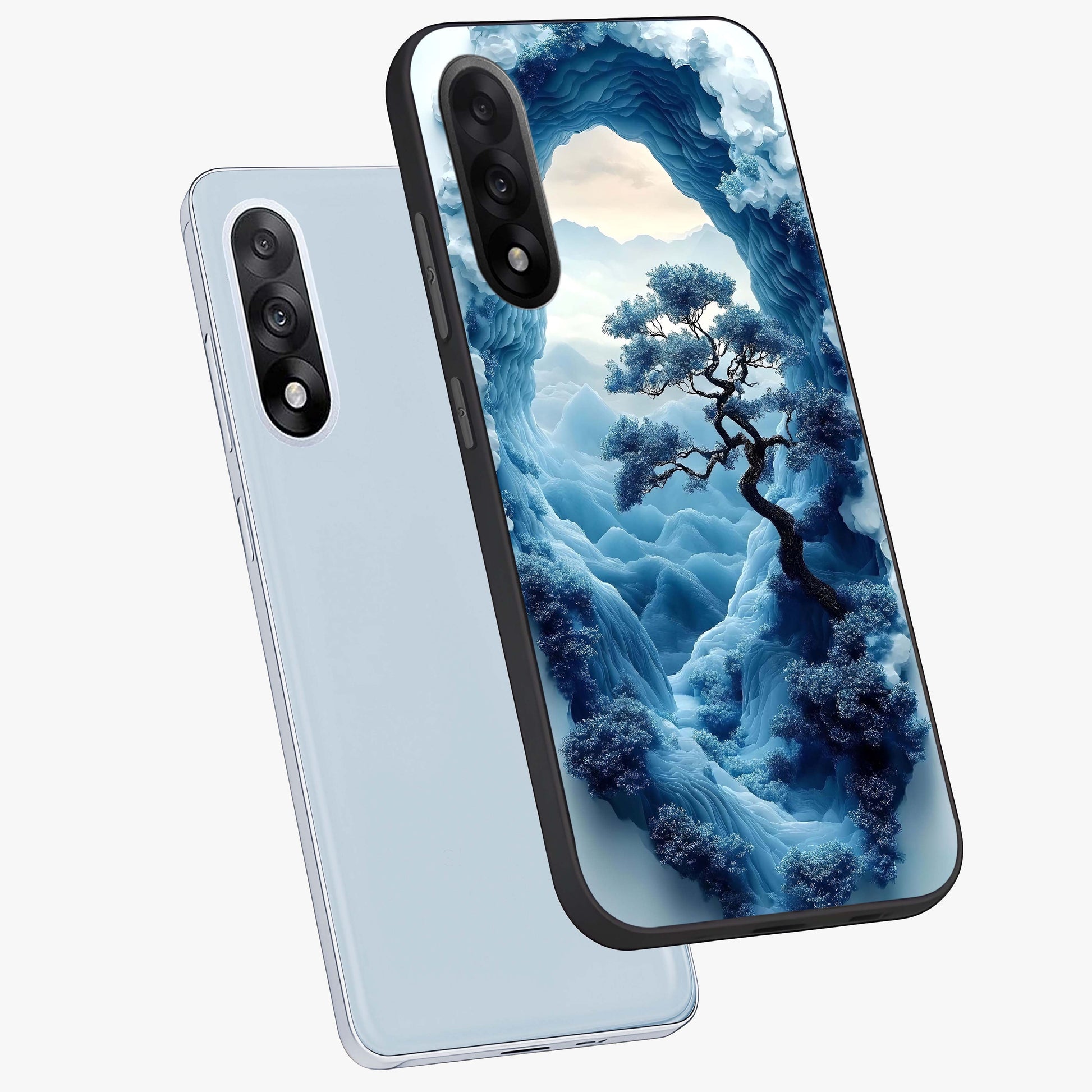 Winter Gate View Glass Case for 1+Nord 5 angled mockup showcasing glossy finish and cool winter gradients
