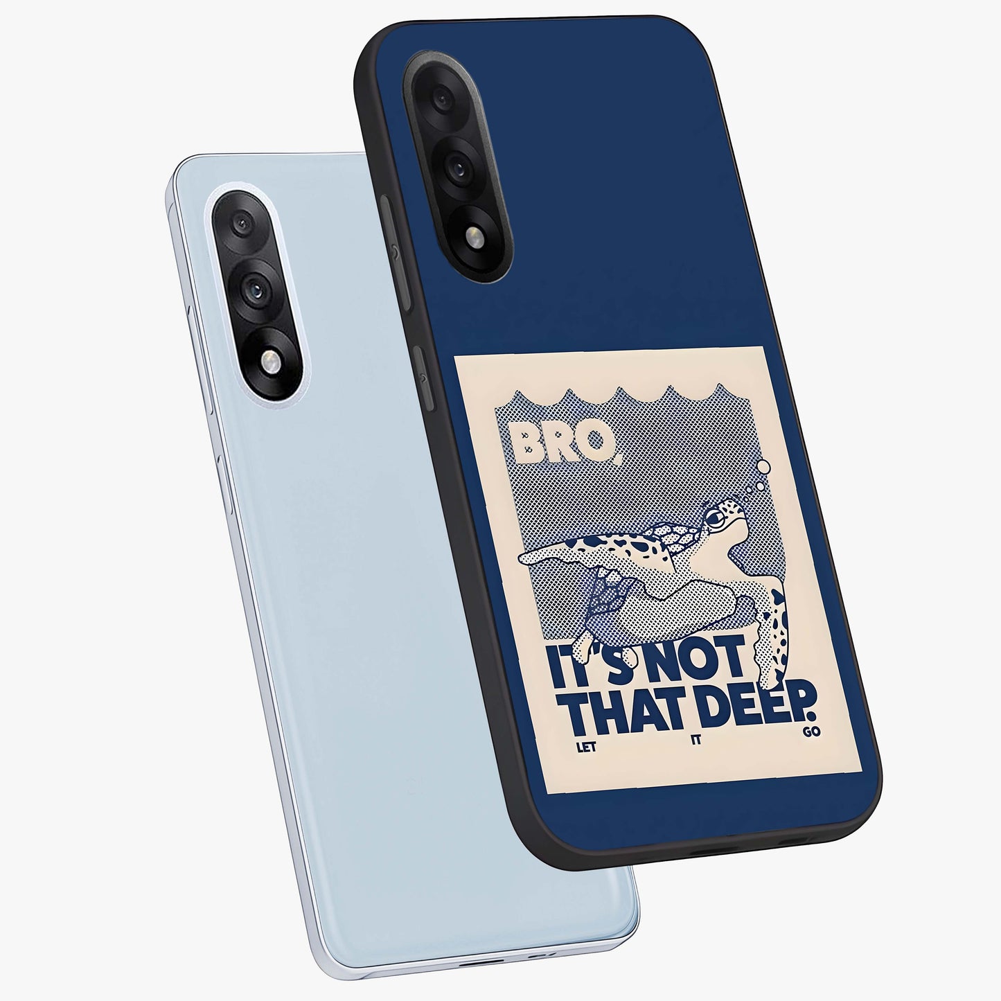 Worry Less Swim Glass Case for 1+Nord 5 angled mockup showcasing glossy finish and fresh ocean tones