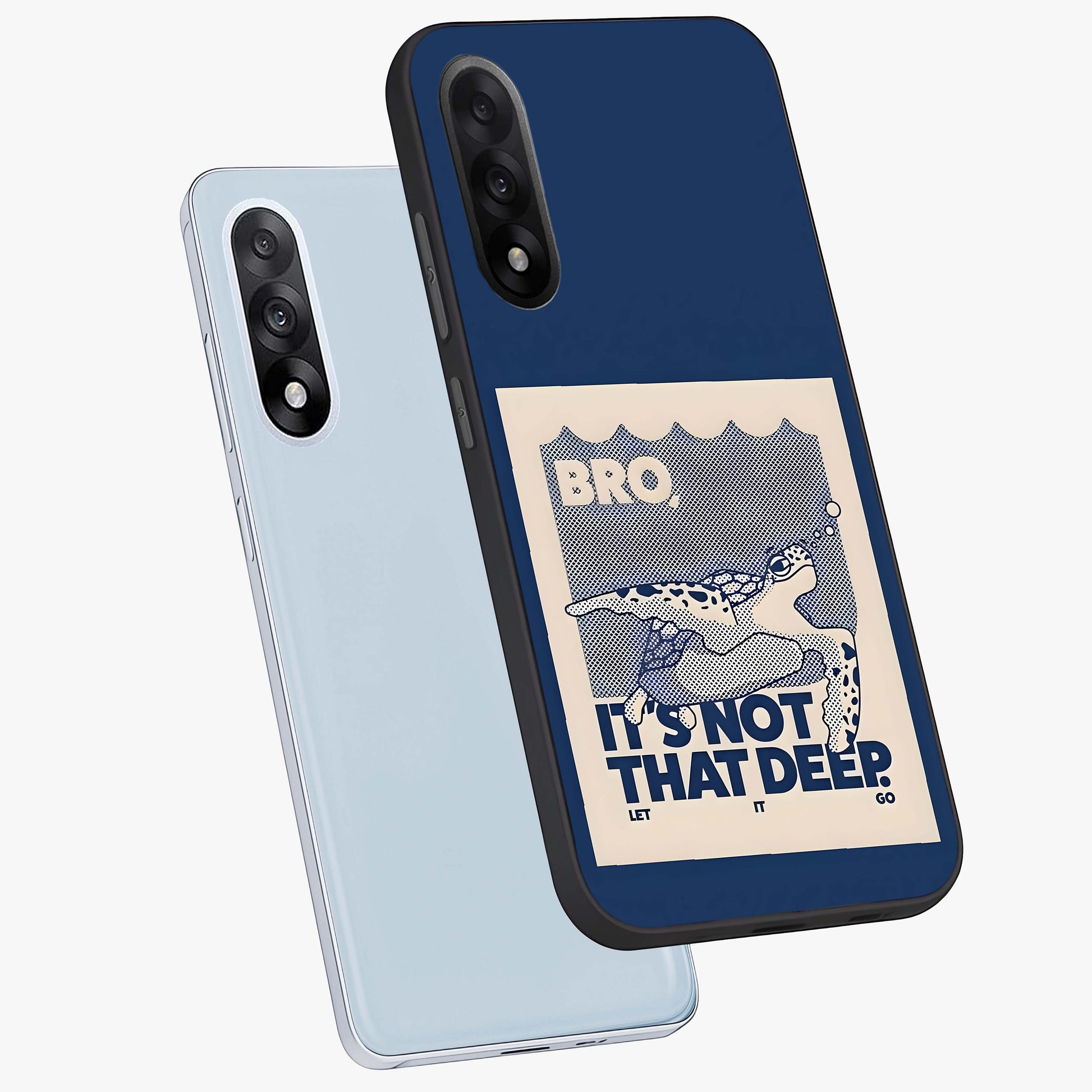 Worry Less Swim Glass Case for 1+Nord 5 angled mockup showcasing glossy finish and fresh ocean tones