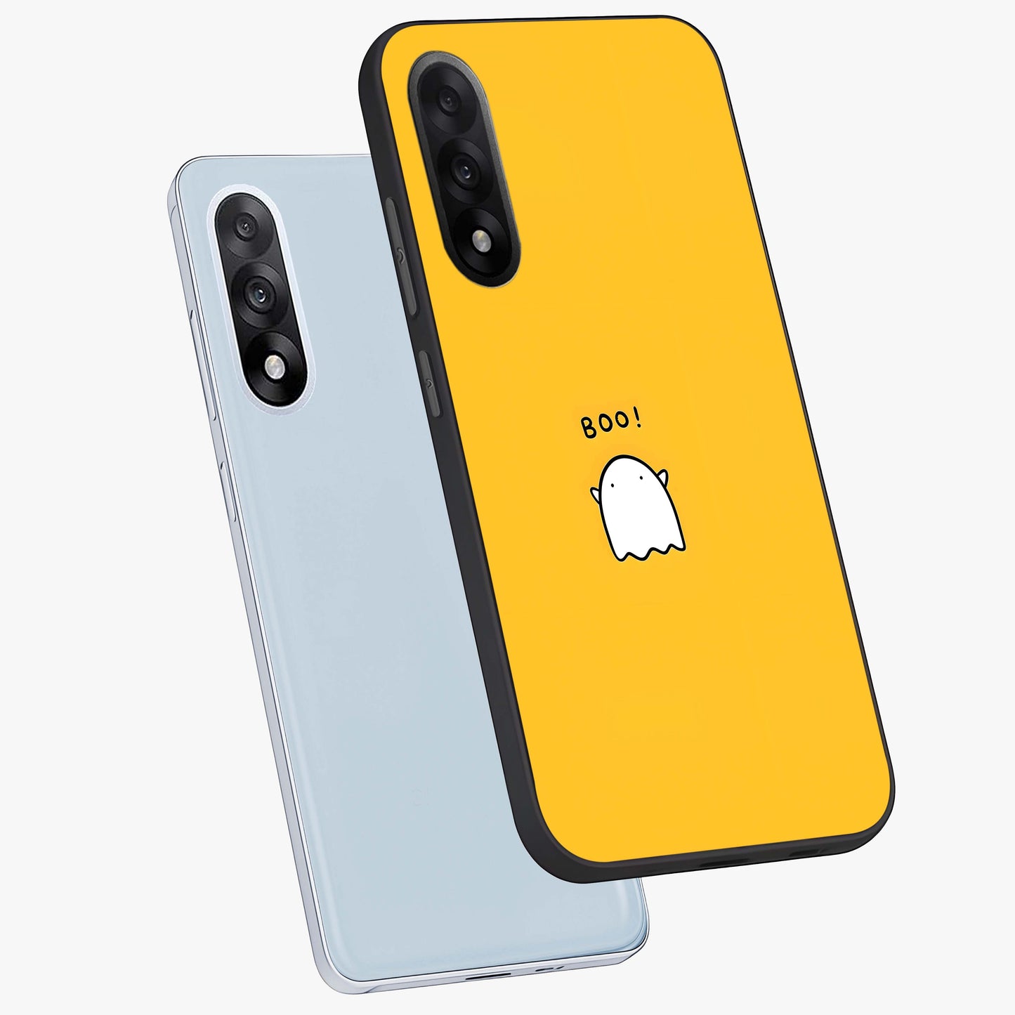 Yellow Boo Ghost Glass Case for 1+Nord 5 angled mockup showcasing glossy finish and fun animated detailing