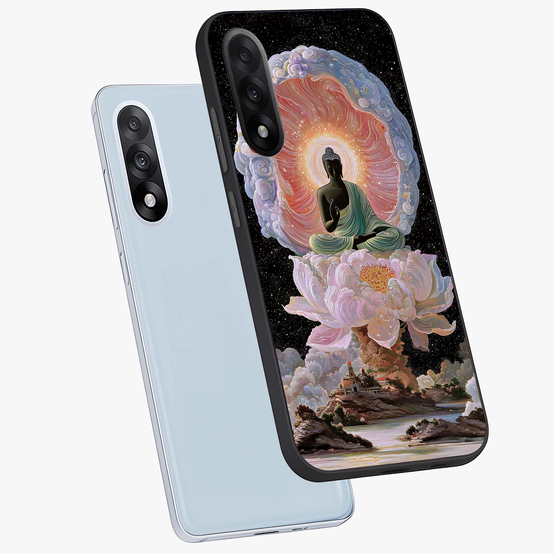 Zen Lotus Realm Glass Case for 1+Nord 5 angled mockup showcasing glossy finish and serene gradient detailing