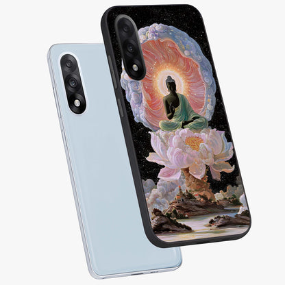 Zen Lotus Realm Glass Case for 1+Nord 5 angled mockup showcasing glossy finish and serene gradient detailing