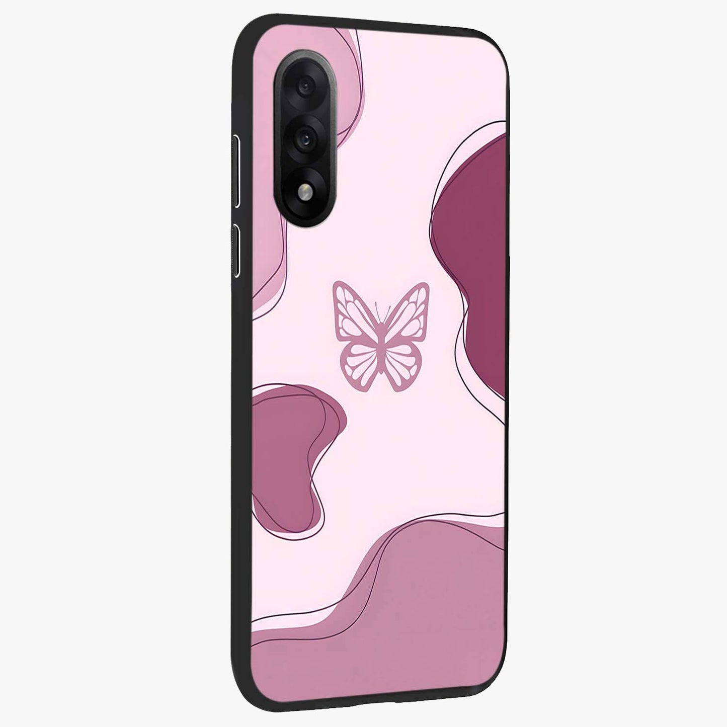 Aesthetic Pinkish Custom Name Butterfly Glass Case for 1+Nord 5 side perspective highlighting premium edges and butterfly detailing