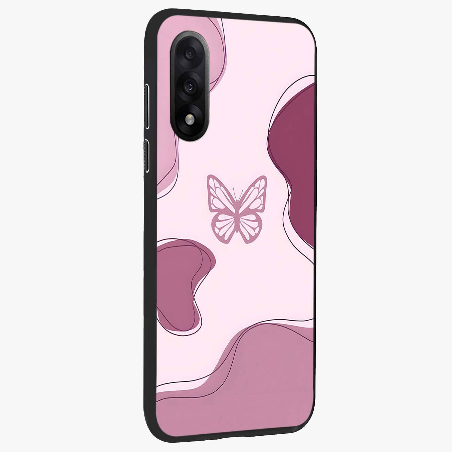 Aesthetic Pinkish Custom Name Butterfly Glass Case for 1+Nord 5 side perspective highlighting premium edges and butterfly detailing