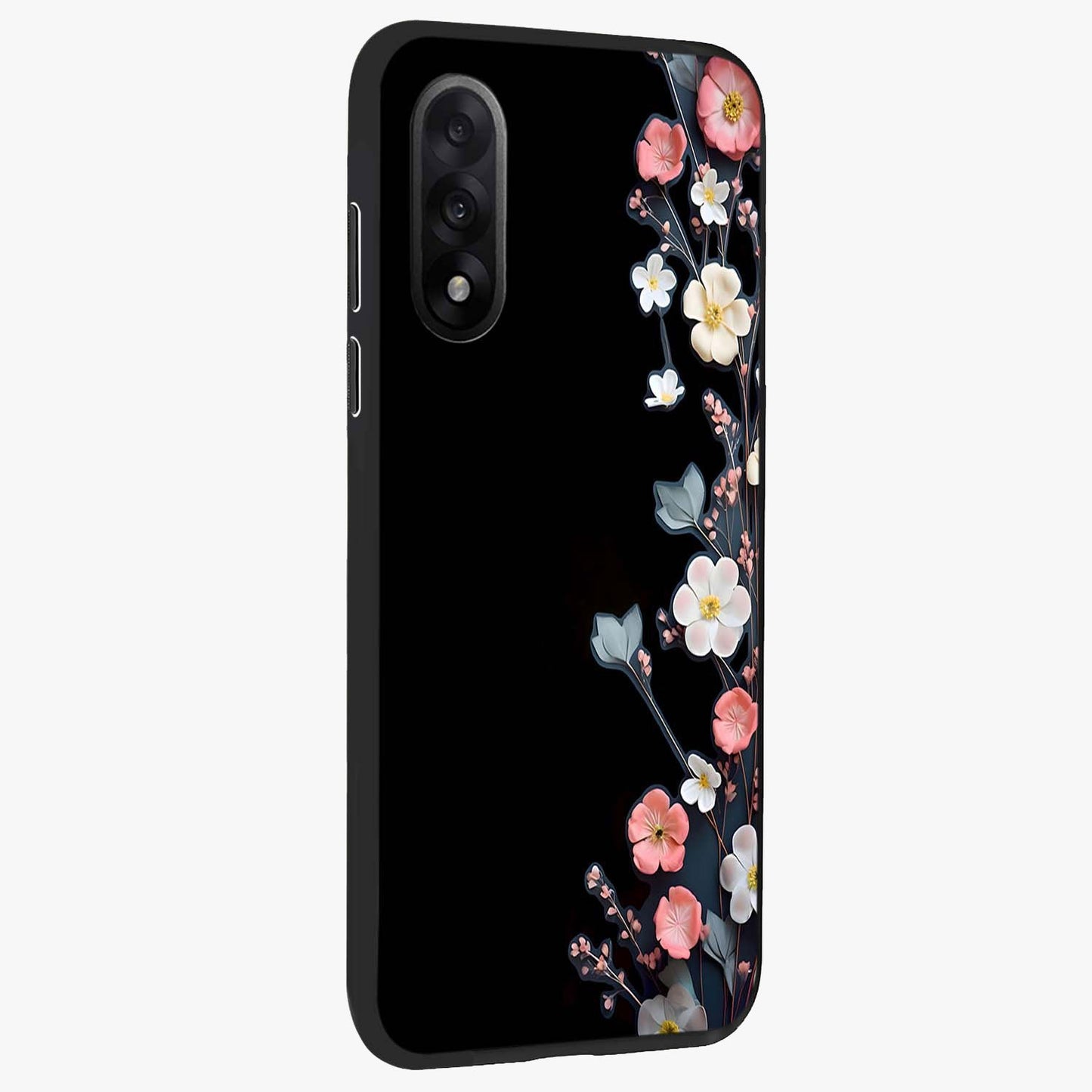 Black Elegance Floral Custom Name Glass Case for 1+Nord 5 side perspective highlighting elegant floral detailing and premium edges