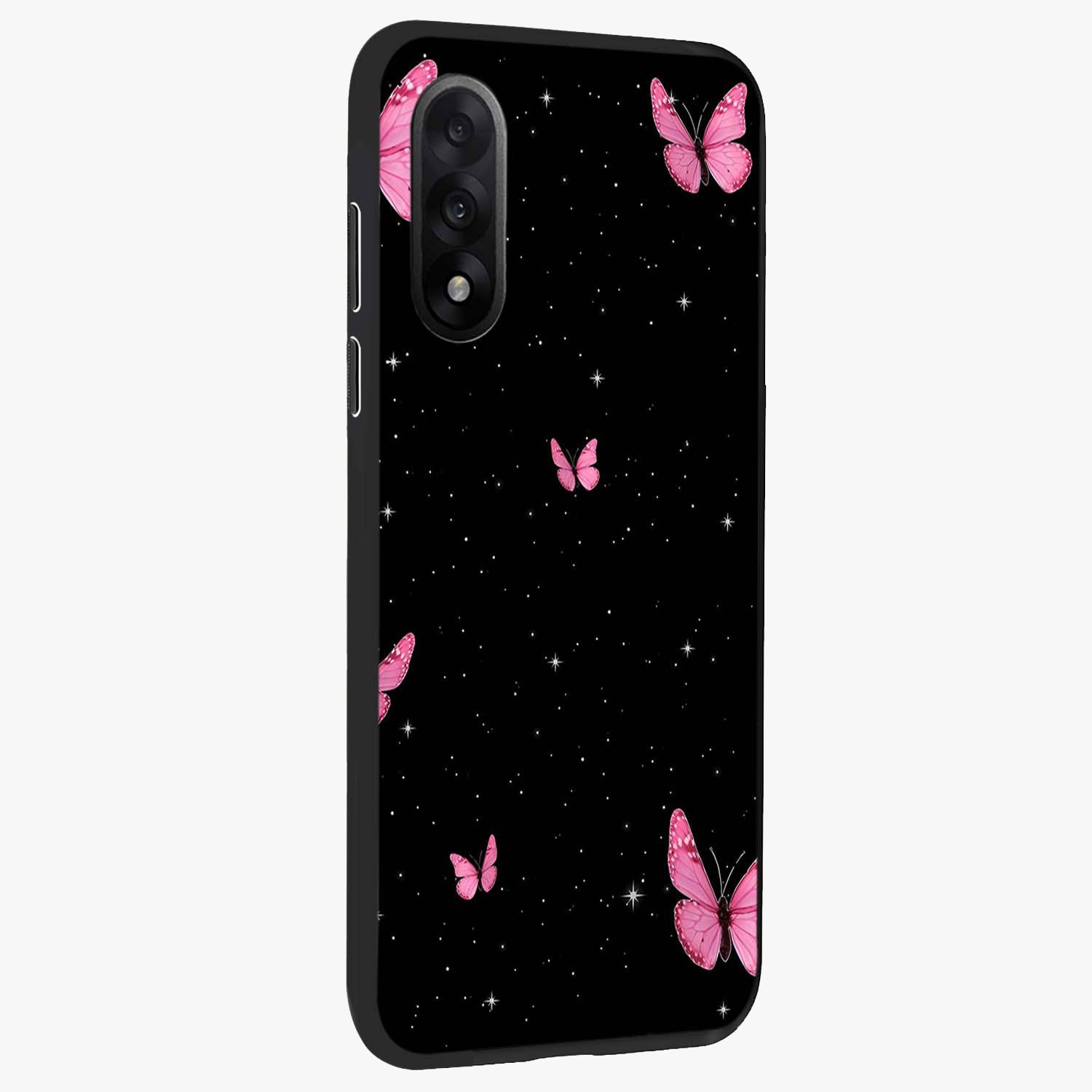 Blinking Butterfly Glass Case for 1+Nord 5 displayed upright for graceful aesthetic visibility and premium finish.
