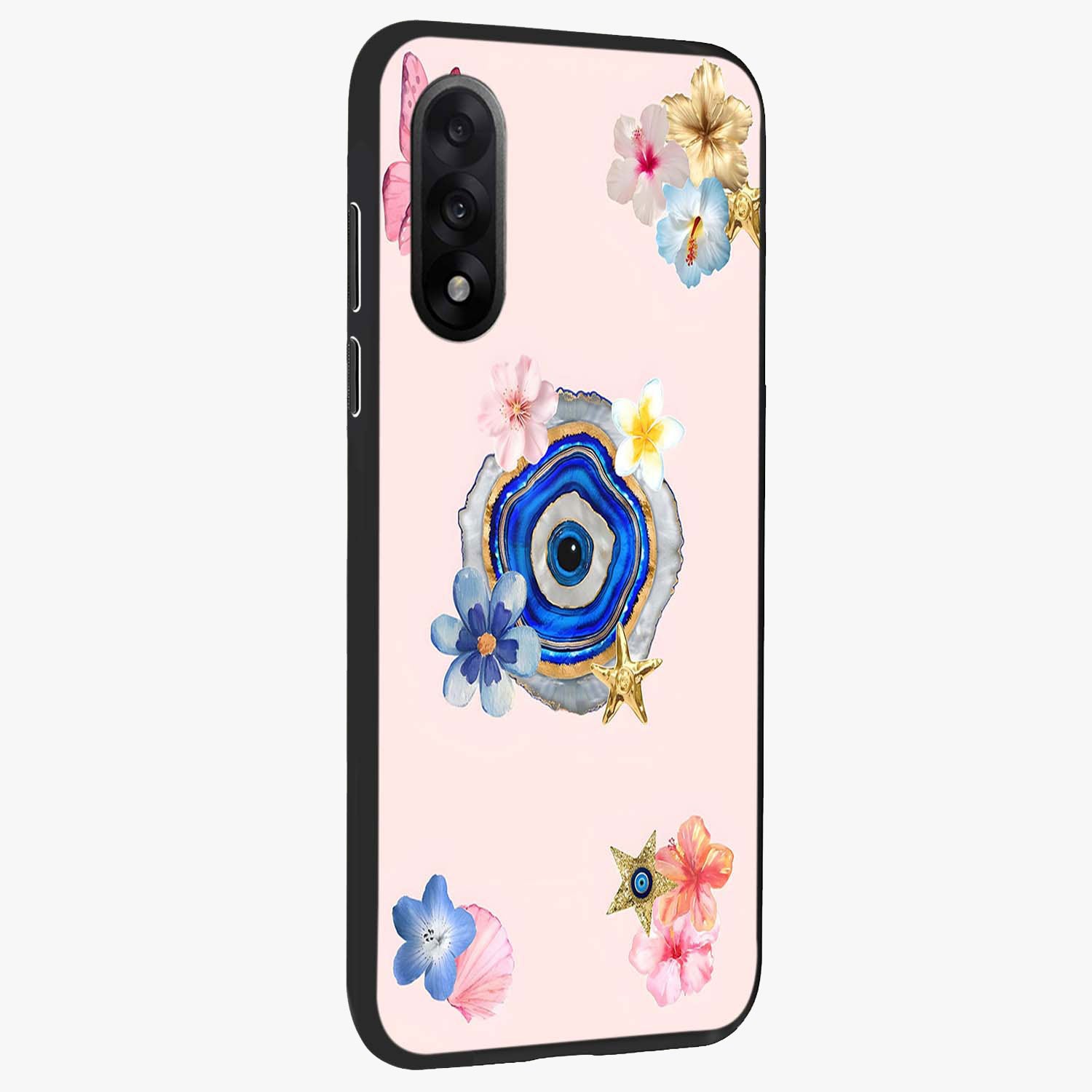 Blossom Evil Charm Glass Case for 1+Nord 5 side perspective highlighting delicate blossom detailing and bold symbol contrast