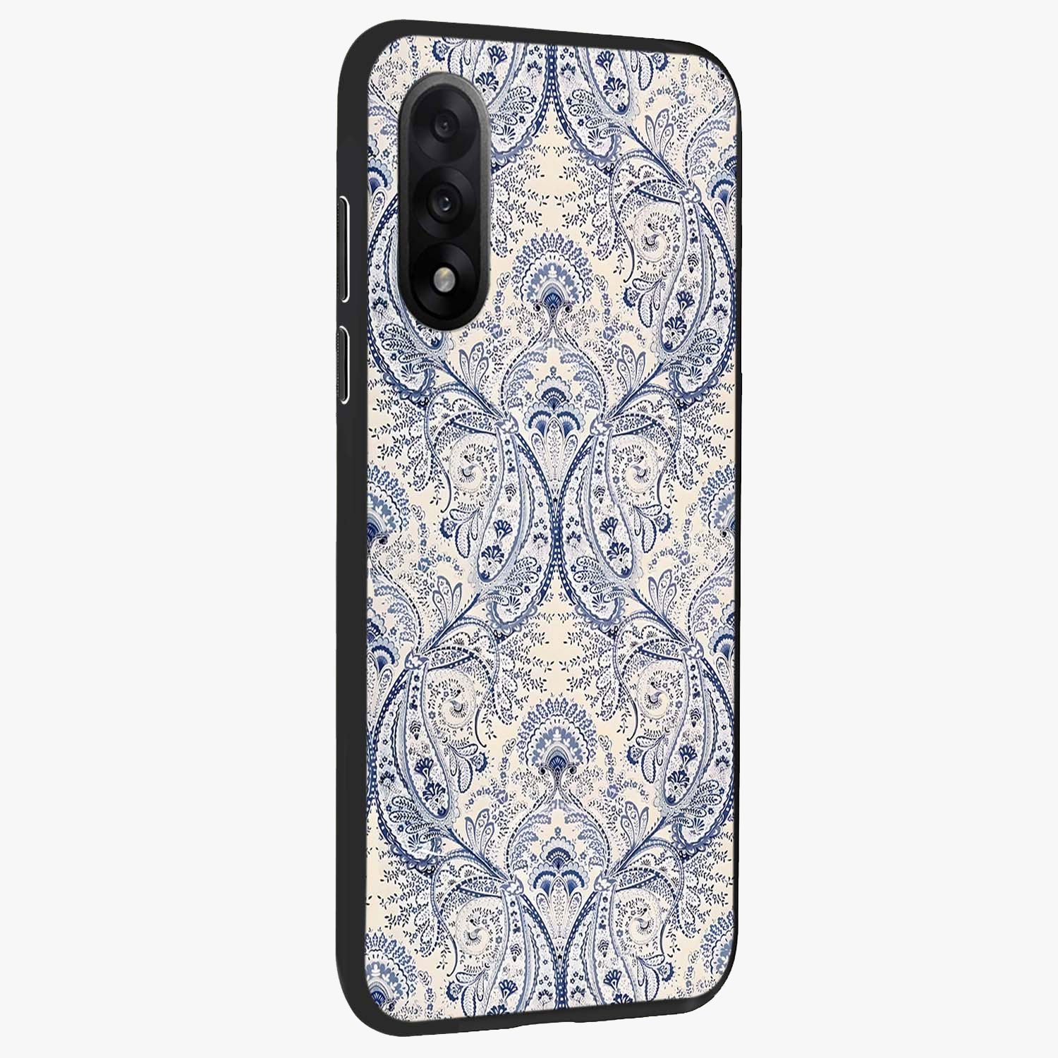 Blue Paisley Bloom Glass Case for 1+Nord 5 side perspective highlighting elegant paisley textures and premium build