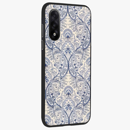 Blue Paisley Bloom Glass Case for 1+Nord 5 side perspective highlighting elegant paisley textures and premium build