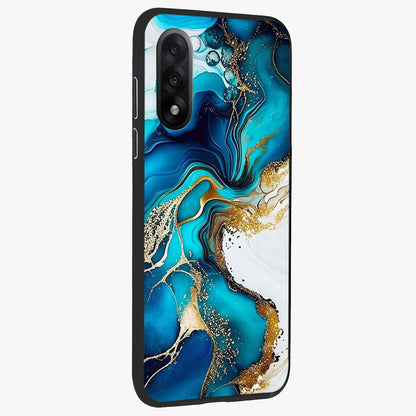 Blue and White Marble With Golden Viens Art Glass Case for 1+Nord 5 side perspective highlighting rich marble textures and elegant gold accents