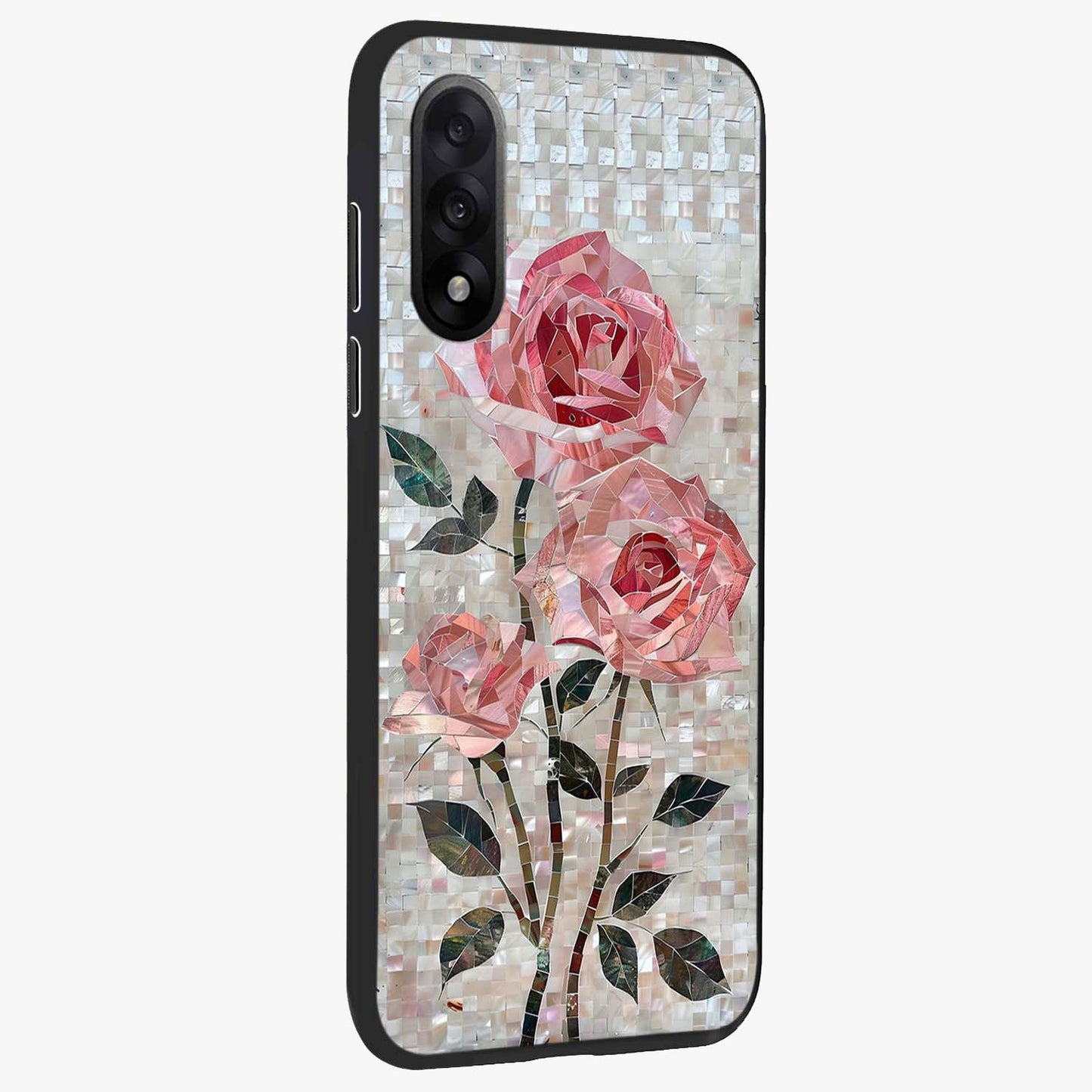 Blush Mosaic Bloom Glass Case for 1+Nord 5 side perspective highlighting vibrant floral geometry and premium finish