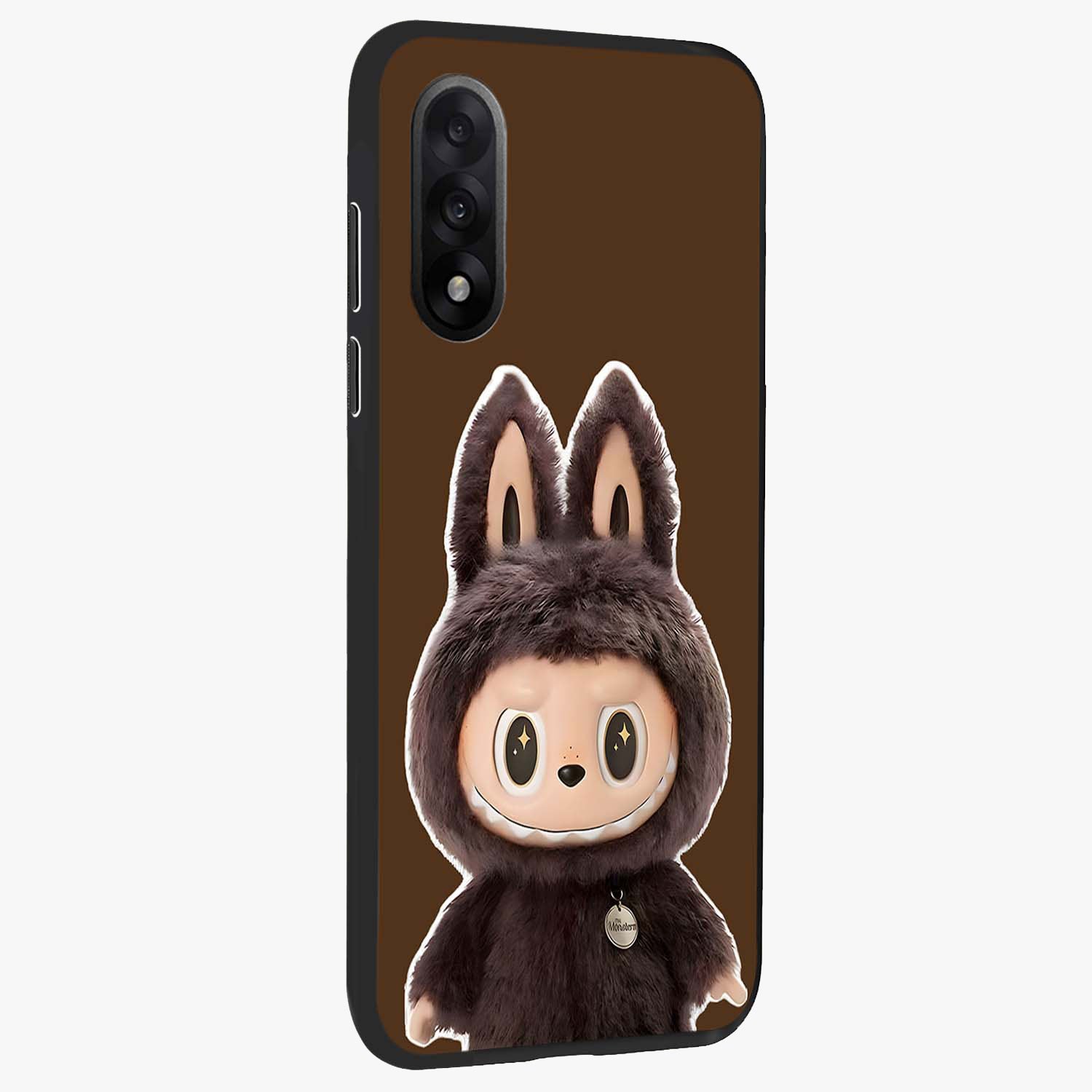 Brown Labubu Design Glass Case for 1+Nord 5 side perspective highlighting charming character detailing and smooth edges