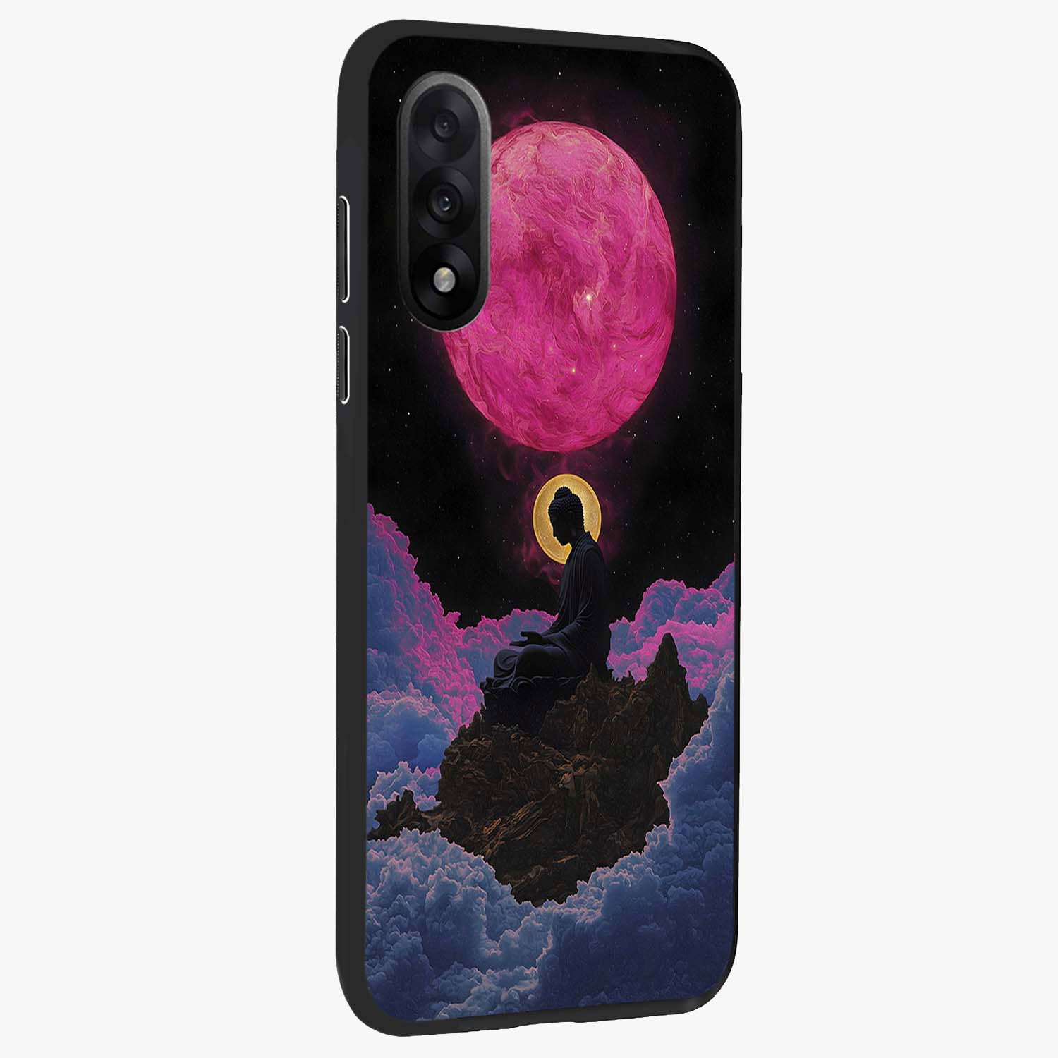 Buddha and Planets Glass Case for 1+Nord 5 side perspective highlighting divine illustration details and premium build