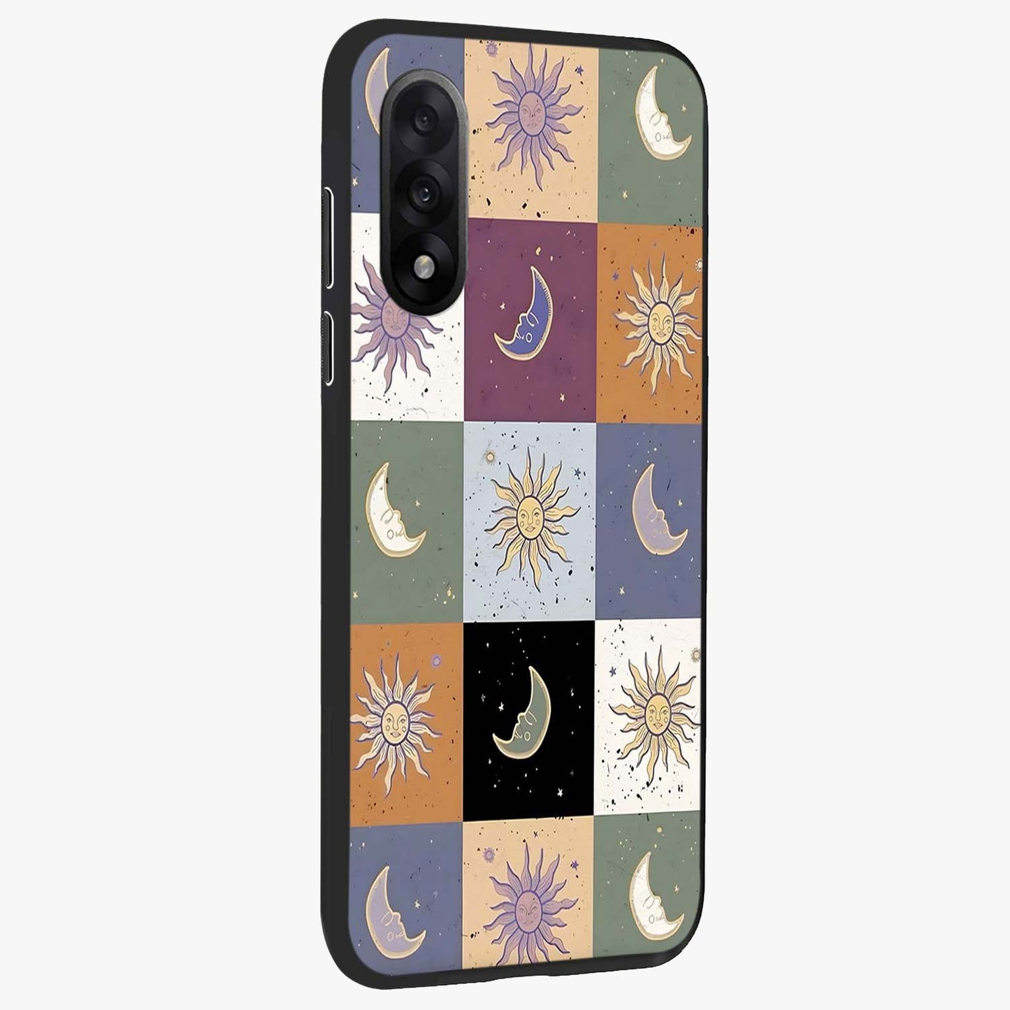 Celestial Patchwork Dreams Glass Case for 1+Nord 5 side perspective highlighting vibrant patchwork detailing and sleek edges