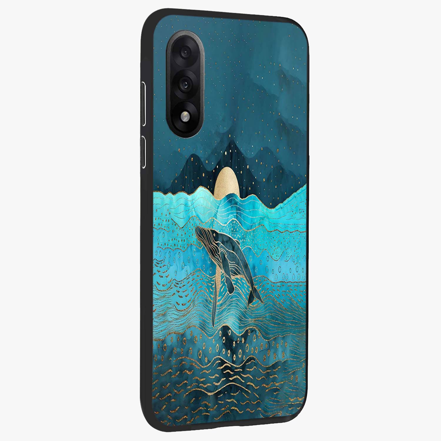 Celestial Whale Voyage Glass Case for 1+Nord 5 side perspective highlighting flowing whale illustration and premium detailing