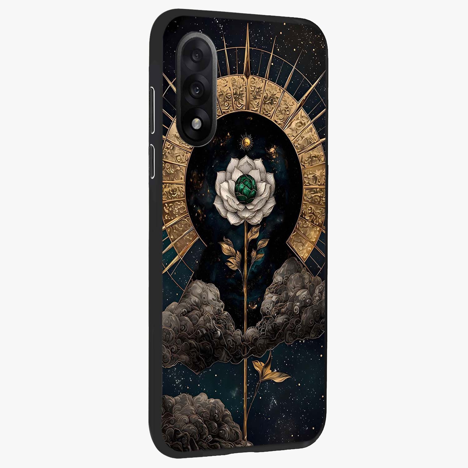 Cosmic Bloom Rose Glass Case for 1+Nord 5 side perspective highlighting glowing rose details and smooth premium build
