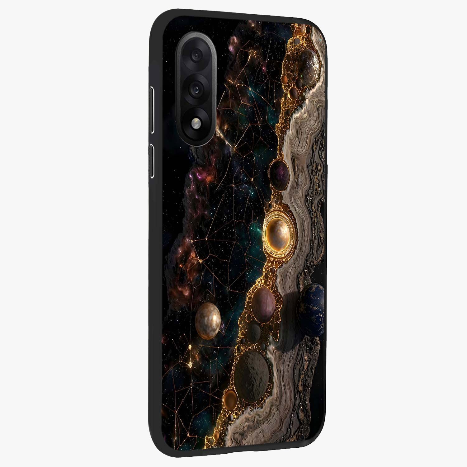 Cosmic Gold Path Glass Case for 1+Nord 5 side perspective highlighting premium metallic detailing and sleek edges