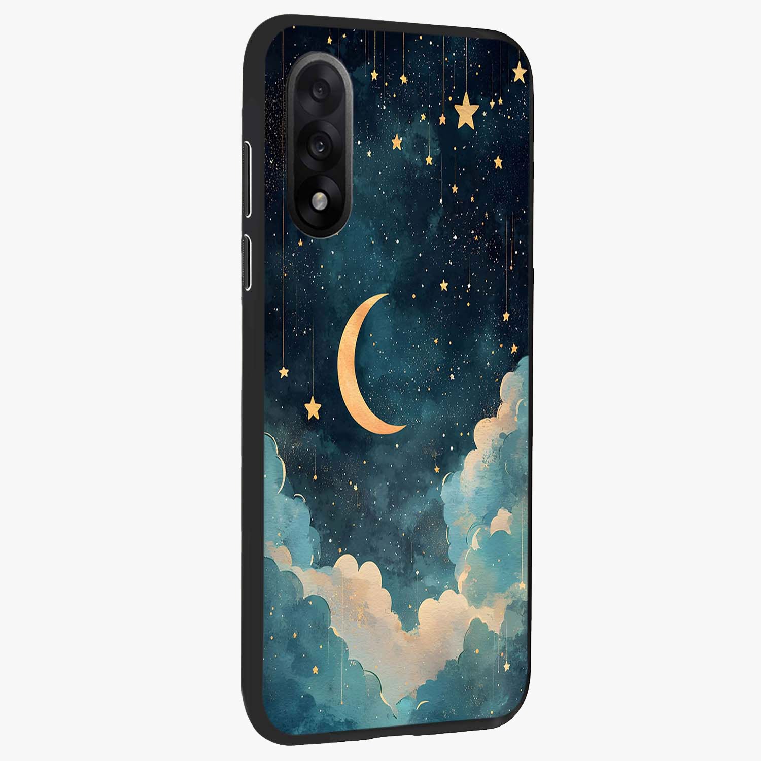 Crescent Galaxy Moon Glass Case for 1+Nord 5 side perspective highlighting luminous moon details and premium build