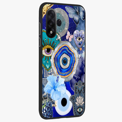 Crimson Evil Eye Charm Glass Case for 1+Nord 5 side perspective highlighting intricate charm design and smooth edges