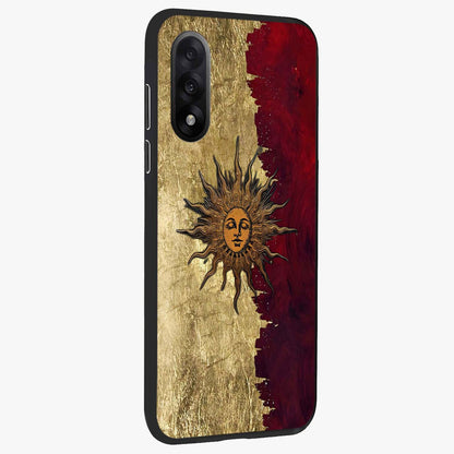Crimson Sun Majesty Glass Case for 1+Nord 5 side perspective highlighting vibrant sun detailing and smooth edges