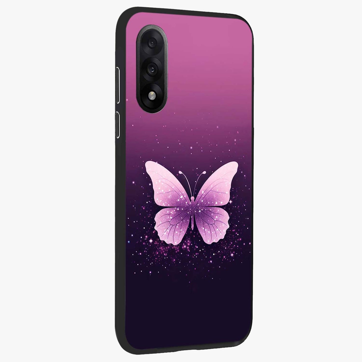 Cute Starry Butterfly Glass Case for 1+Nord 5 side perspective highlighting glowing star details and sleek edge finish