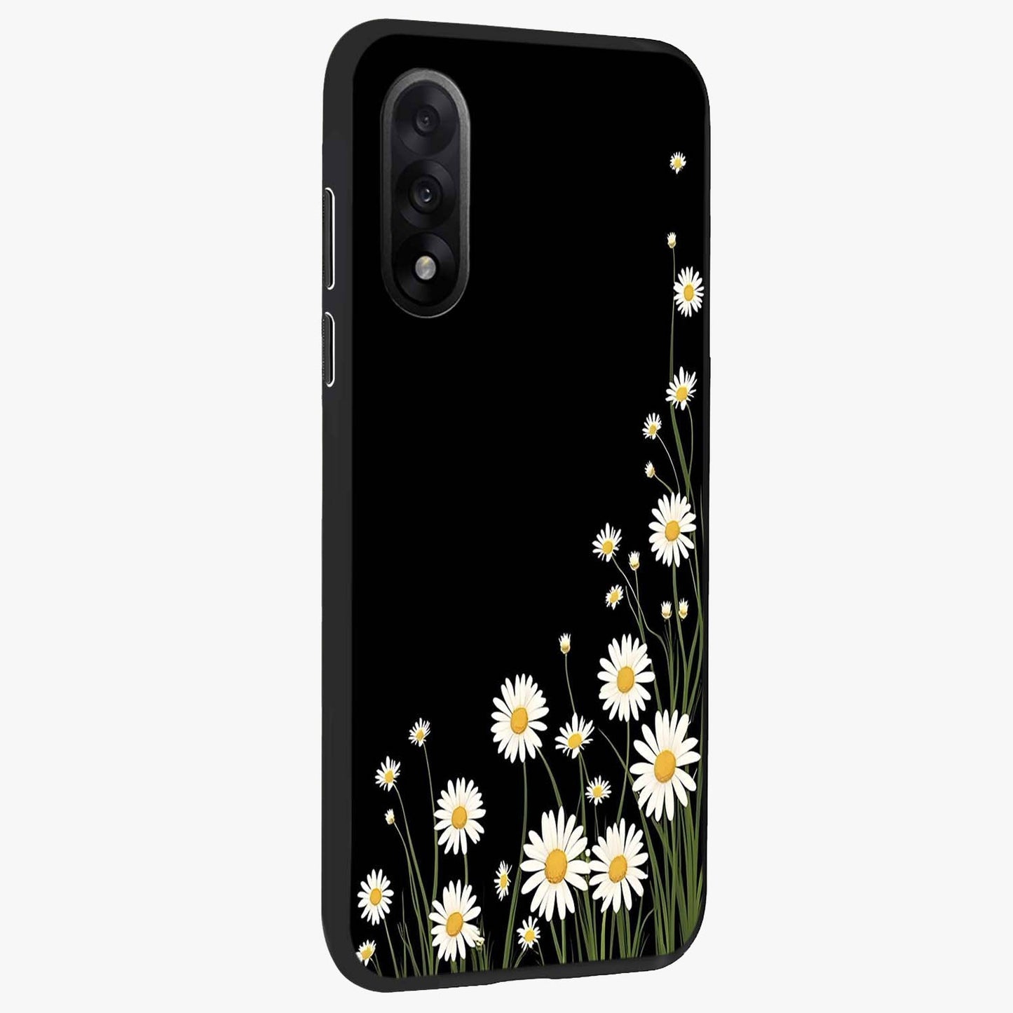 Daisy Cascade on Black Glass Case for 1+Nord 5 side perspective highlighting delicate daisy detailing and smooth edges