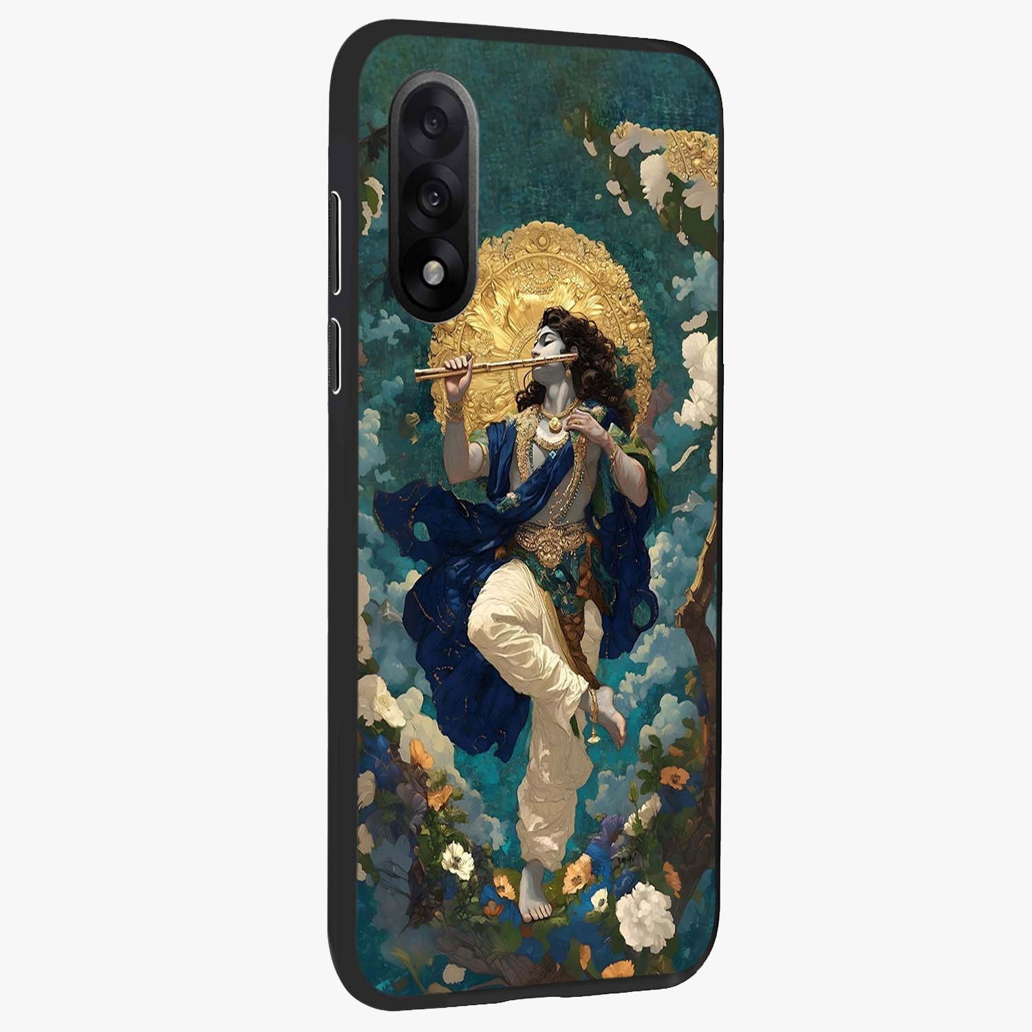 Divine Krishna Art Glass Case for 1+Nord 5 side perspective highlighting intricate divine illustration and premium edges