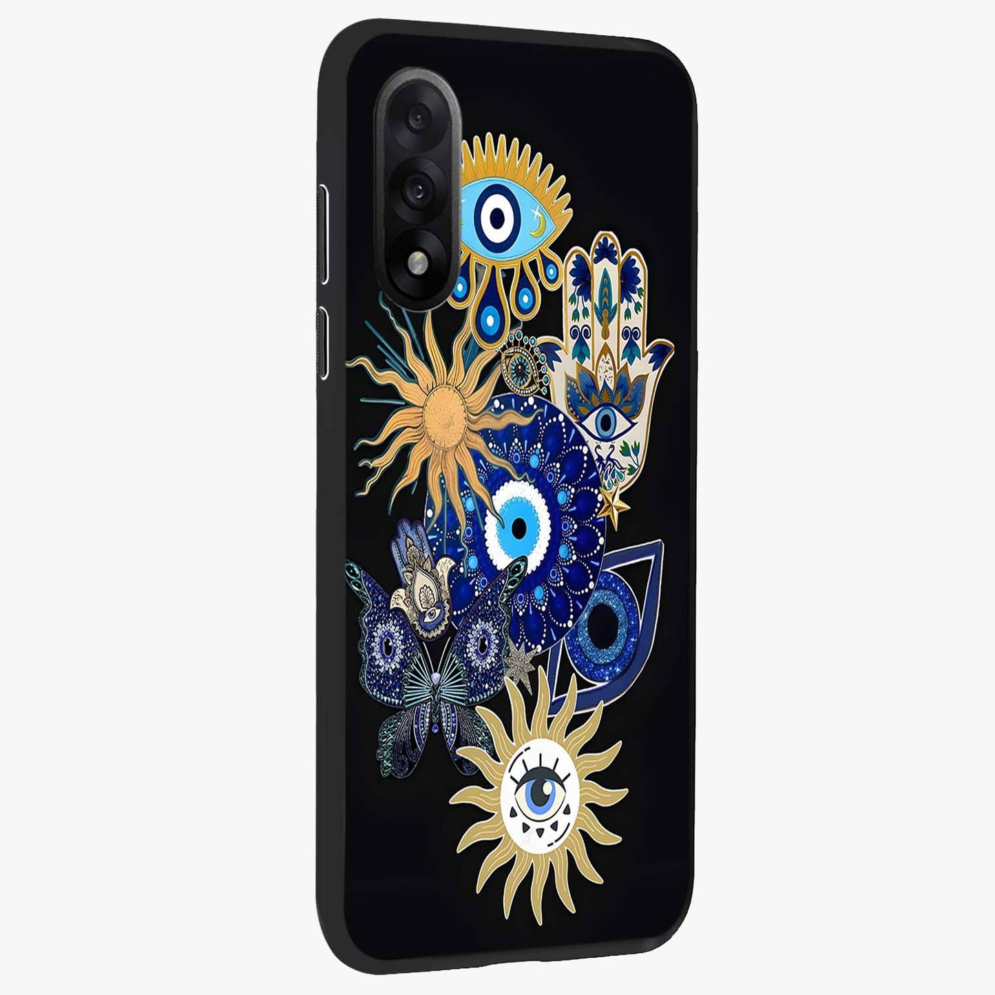 Evil Eye Charm Vibes Glass Case for 1+Nord 5 side perspective highlighting vibrant textures and premium edge finish
