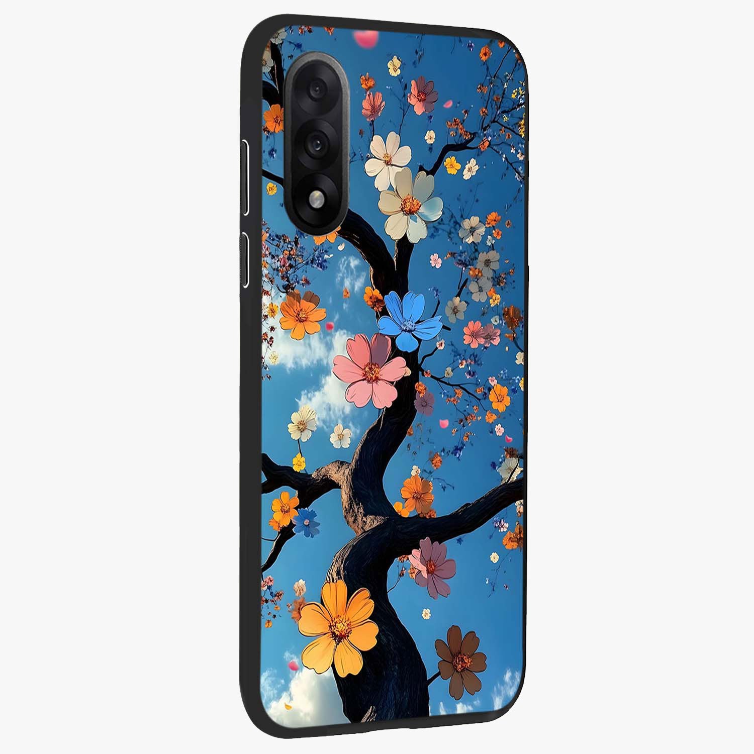 Floral Tree Glass Case for 1+Nord 5 side perspective highlighting vibrant floral patterns and sleek edges