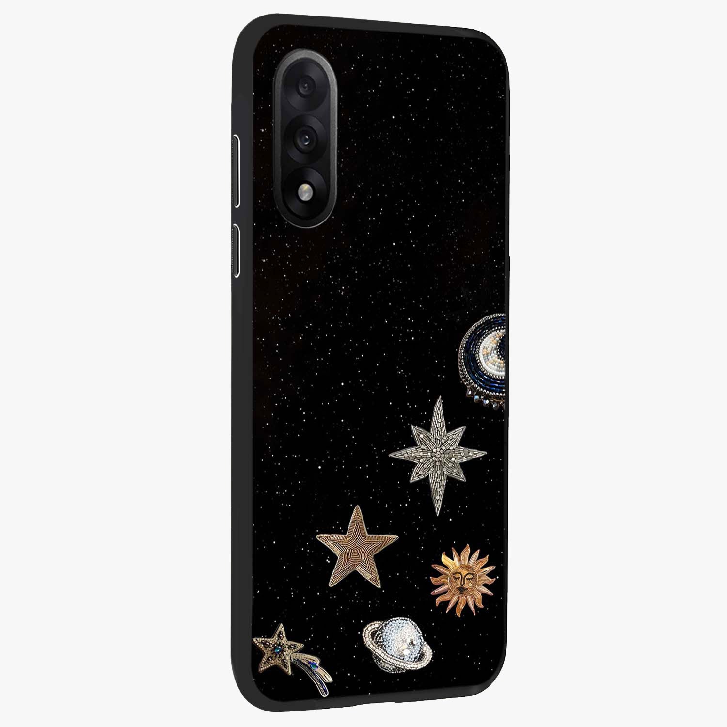 Galactic Charm Glow Glass Case for 1+Nord 5 side perspective highlighting vibrant star detailing and sleek premium edges