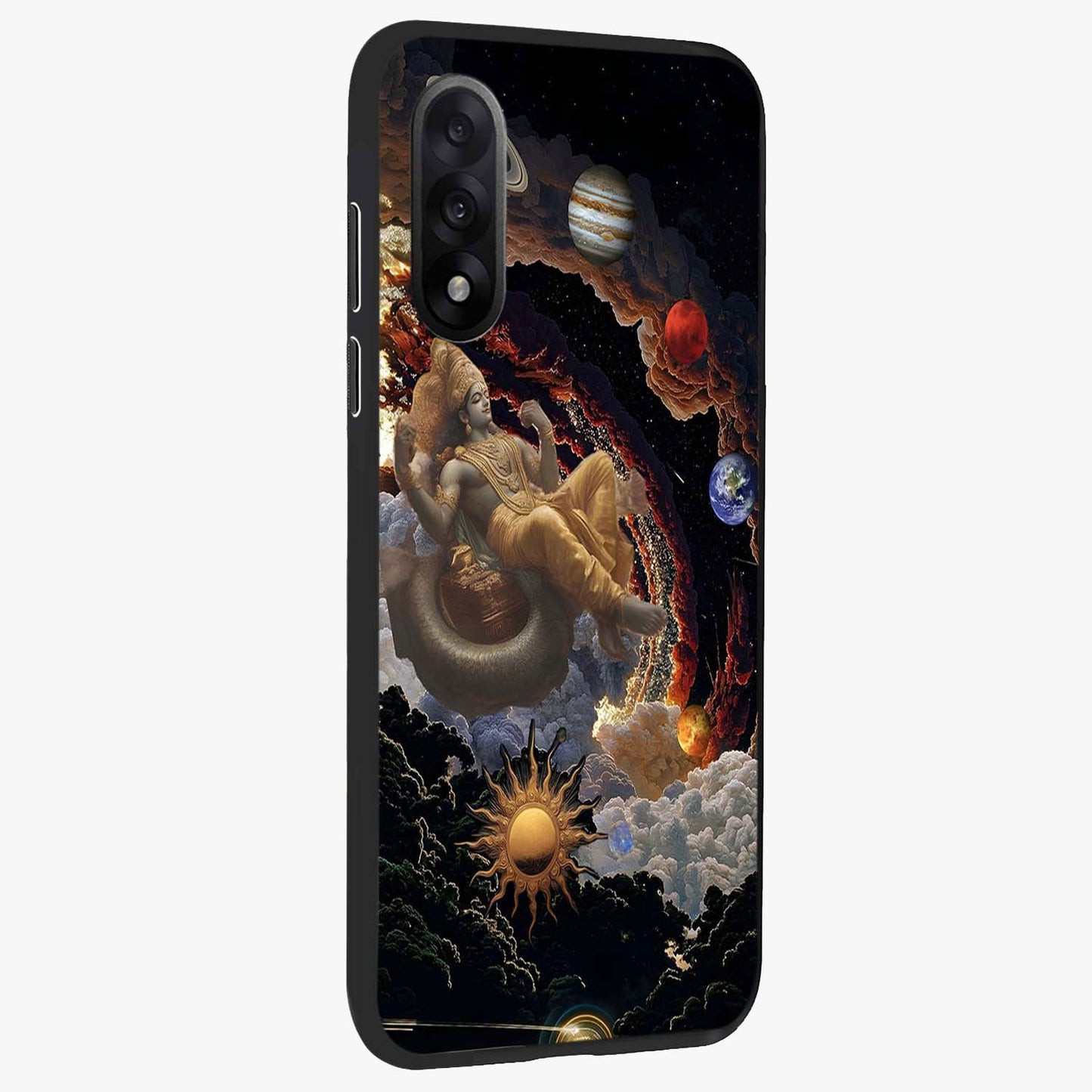 Galactic Divine God Glass Case for 1+Nord 5 side perspective highlighting intricate divine detailing and premium edge finish