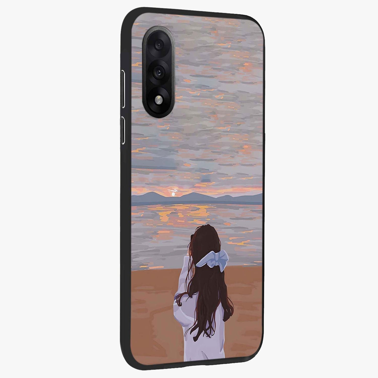 Girl Facing Sunset Beach Glass Case for 1+Nord 5 side perspective highlighting calming sunset gradients and smooth edges