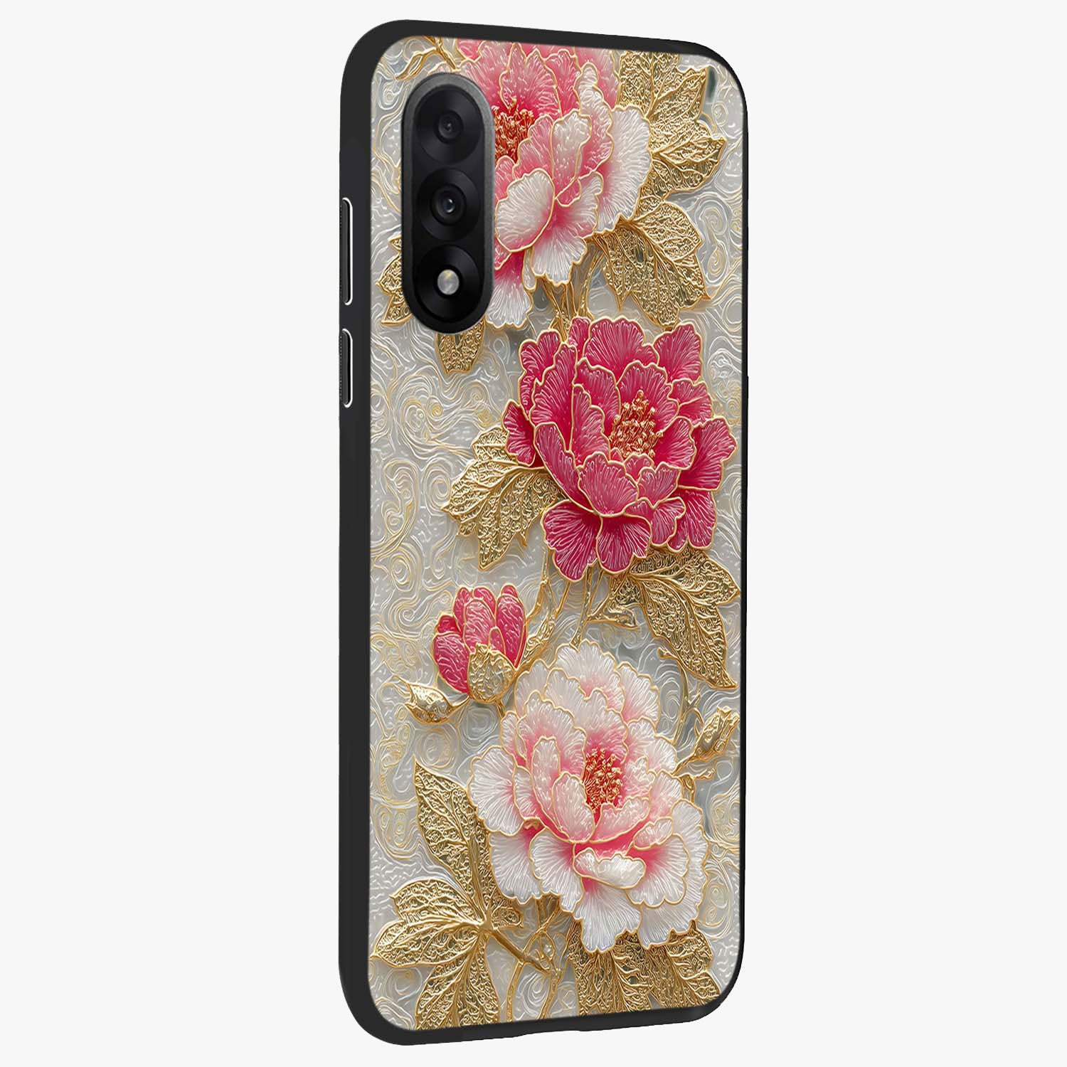 Golden Blossom Elegance Glass Case for 1+Nord 5 side perspective highlighting delicate floral textures and sleek build