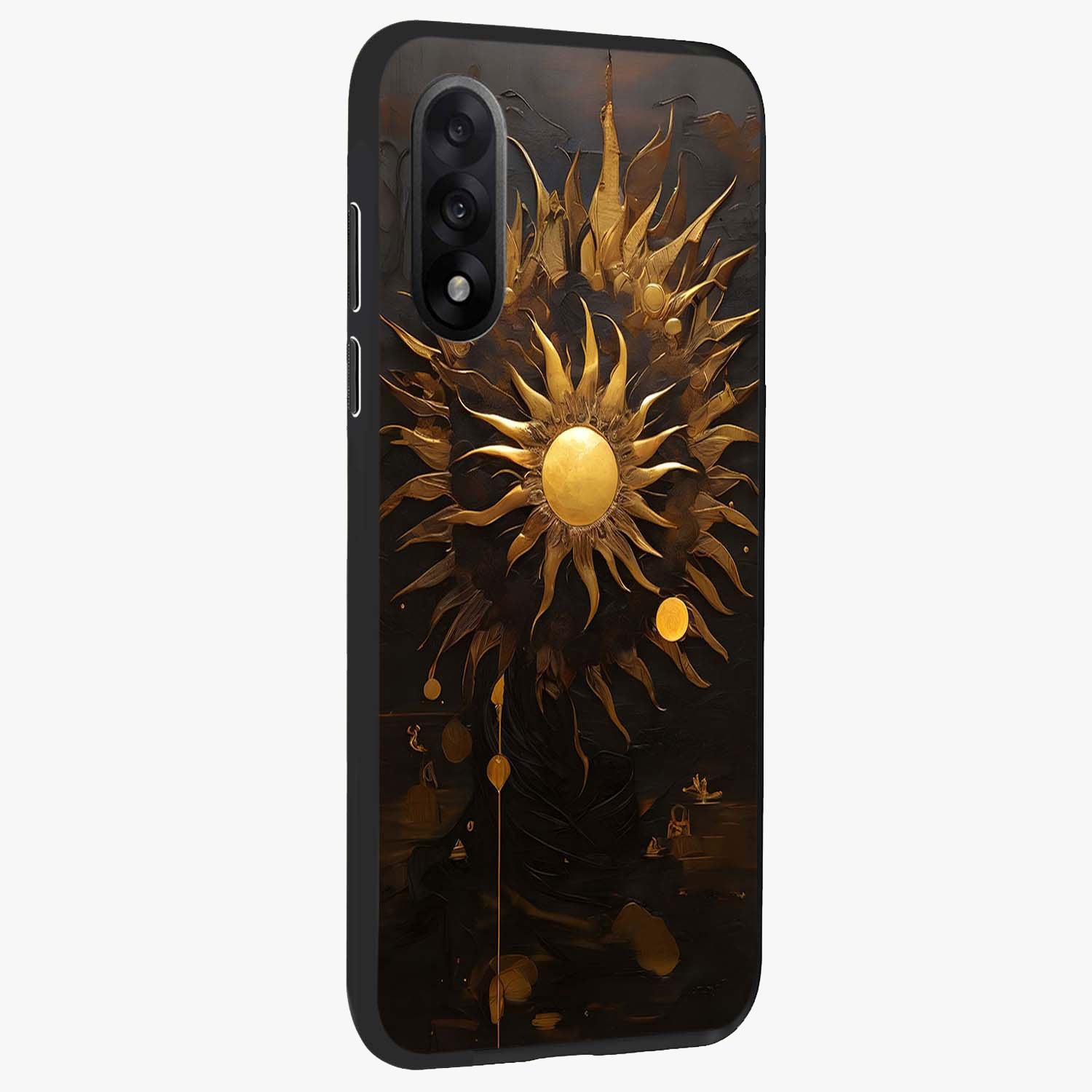 Golden Sun Majesty Glass Case for 1+Nord 5 side perspective highlighting glowing sun detailing and premium edges
